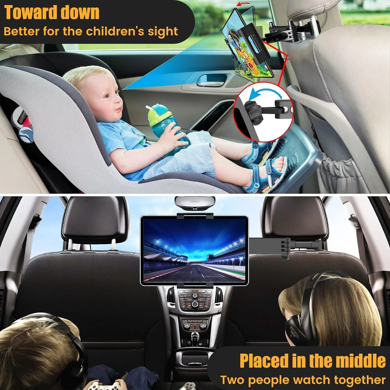 najiaxiaowu 2 Pack Tablet Holder for Car,ipad Headrest Mount for 5.5-18.4 Inch Tablet/ipad/Phones Car Tablet Holder with 360°Rotating Adjustable Trip Essentials,Black 2pack-With adjusting rod - Image 2