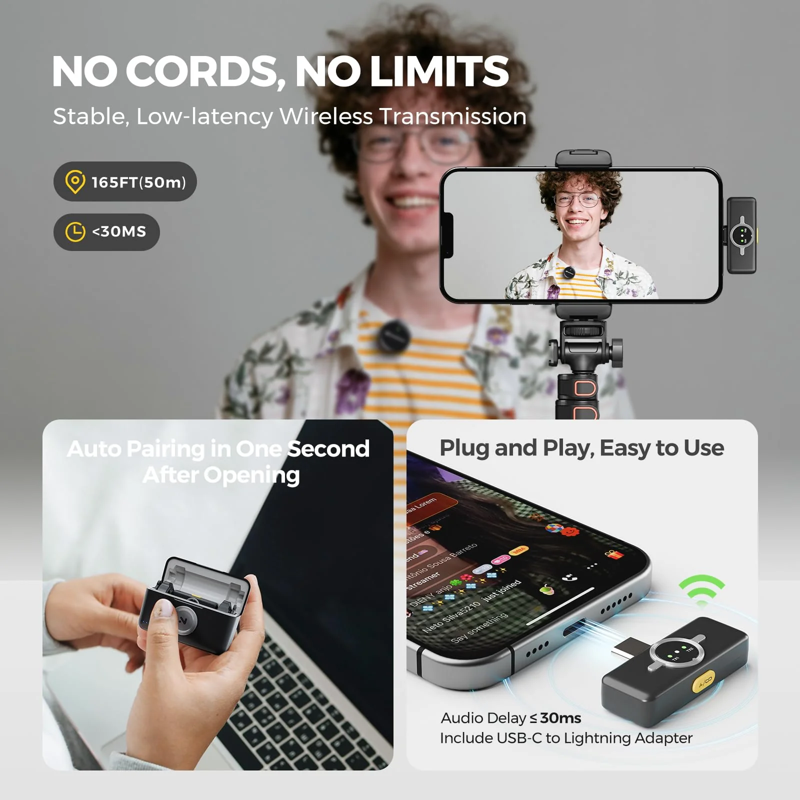 NearStream Wireless Lavalier Microphone for iPhone/Android, Lapel Microphone Wireless with Lightning/USB-C Plug-Play, Noise Cancellation, 24H Battery for Livestream, Vlog, Interview, Podcast (AWM25T) AWM25T Wireless Microphone - Image 7