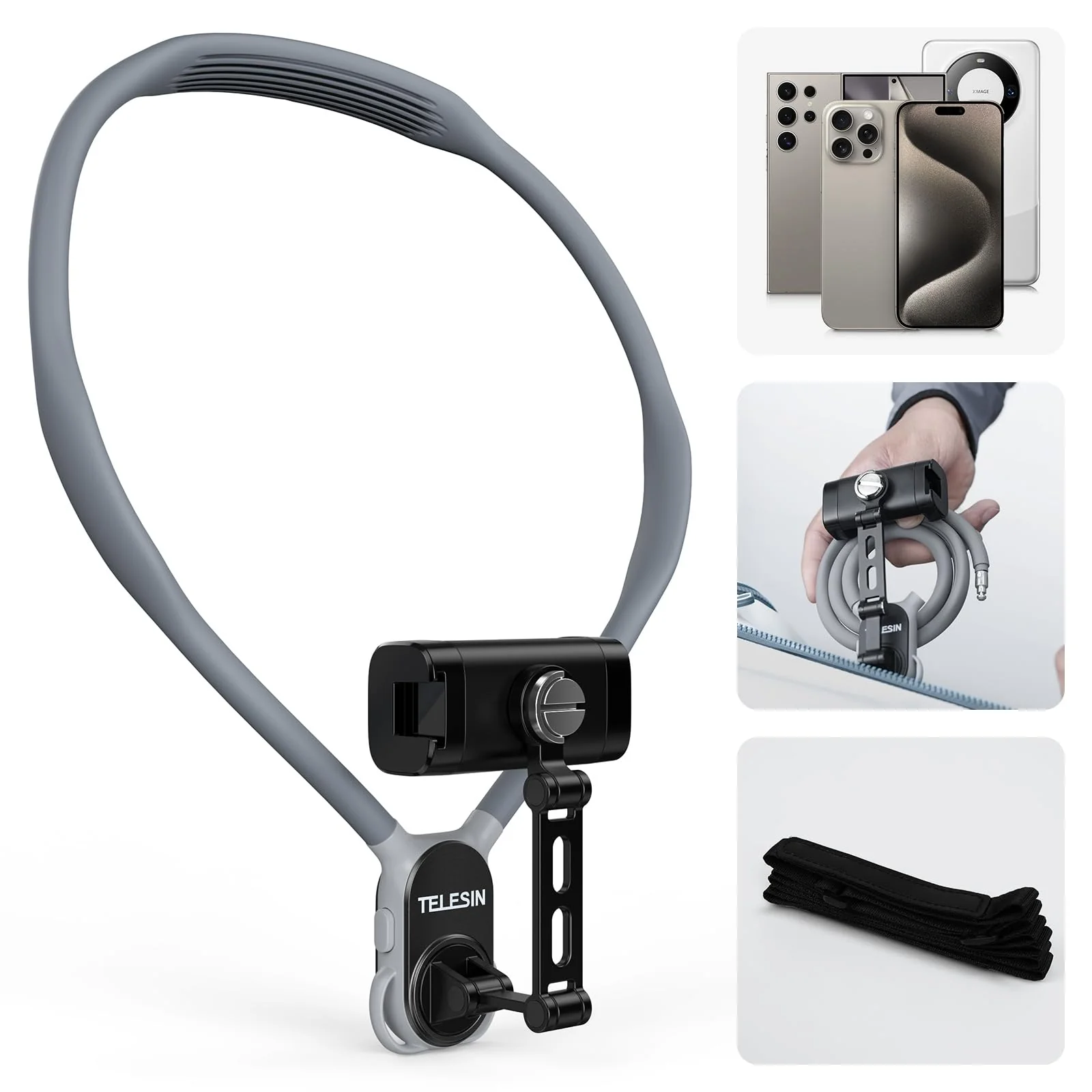 Neck Phone Holder POV/Vlog Neck Mount for Phones with Phone Clip, Hands Free Phone Neck Holder w Chest Strap Neck Selfie Mount Video Recording for iPhone Samsung Google Pixel and All Phones Premium Gray