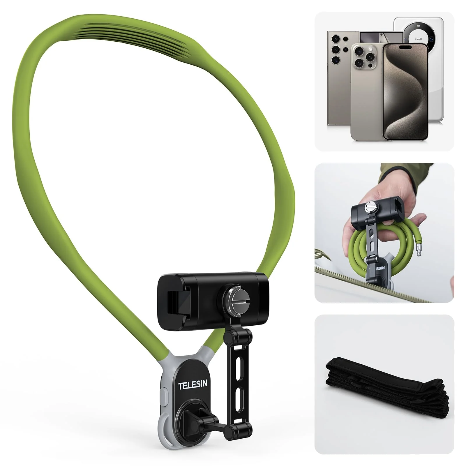 Neck Phone Holder POV/Vlog Neck Mount for Phones with Phone Clip, Hands Free Phone Neck Holder w Chest Strap Neck Selfie Mount Video Recording for iPhone Samsung Google Pixel (Green) Green