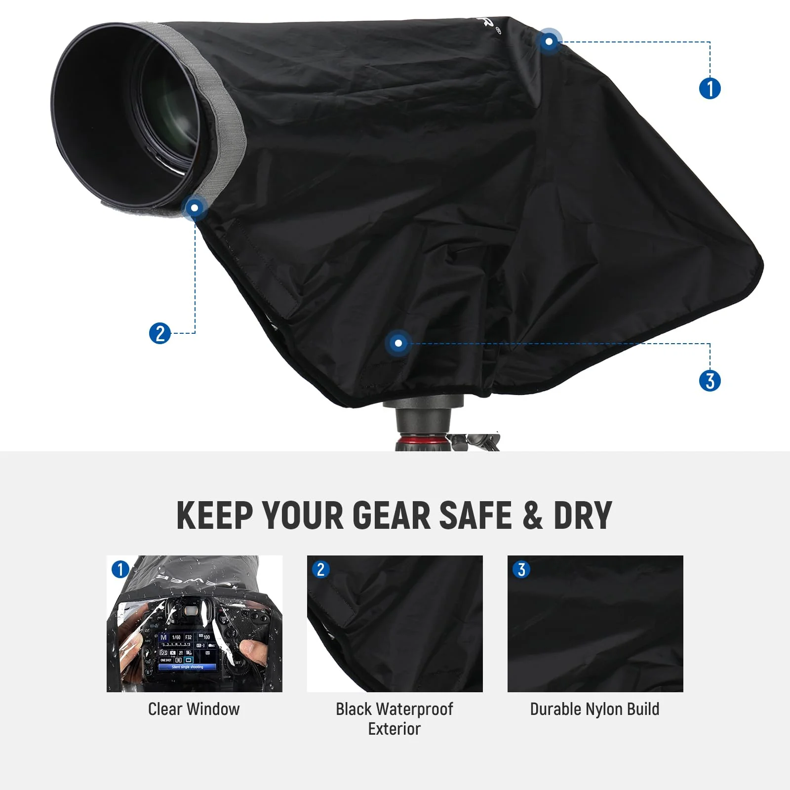 NEEWER 2 in 1 Camera Rain Cover & Reflector, XL Large Durable Nylon Waterproof Raincoat for Canon Sony Nikon Fujifilm DSLR Mirrorless Camera & Lens up to 800mm, with Viewing Window/Bag, PB017 - Image 8