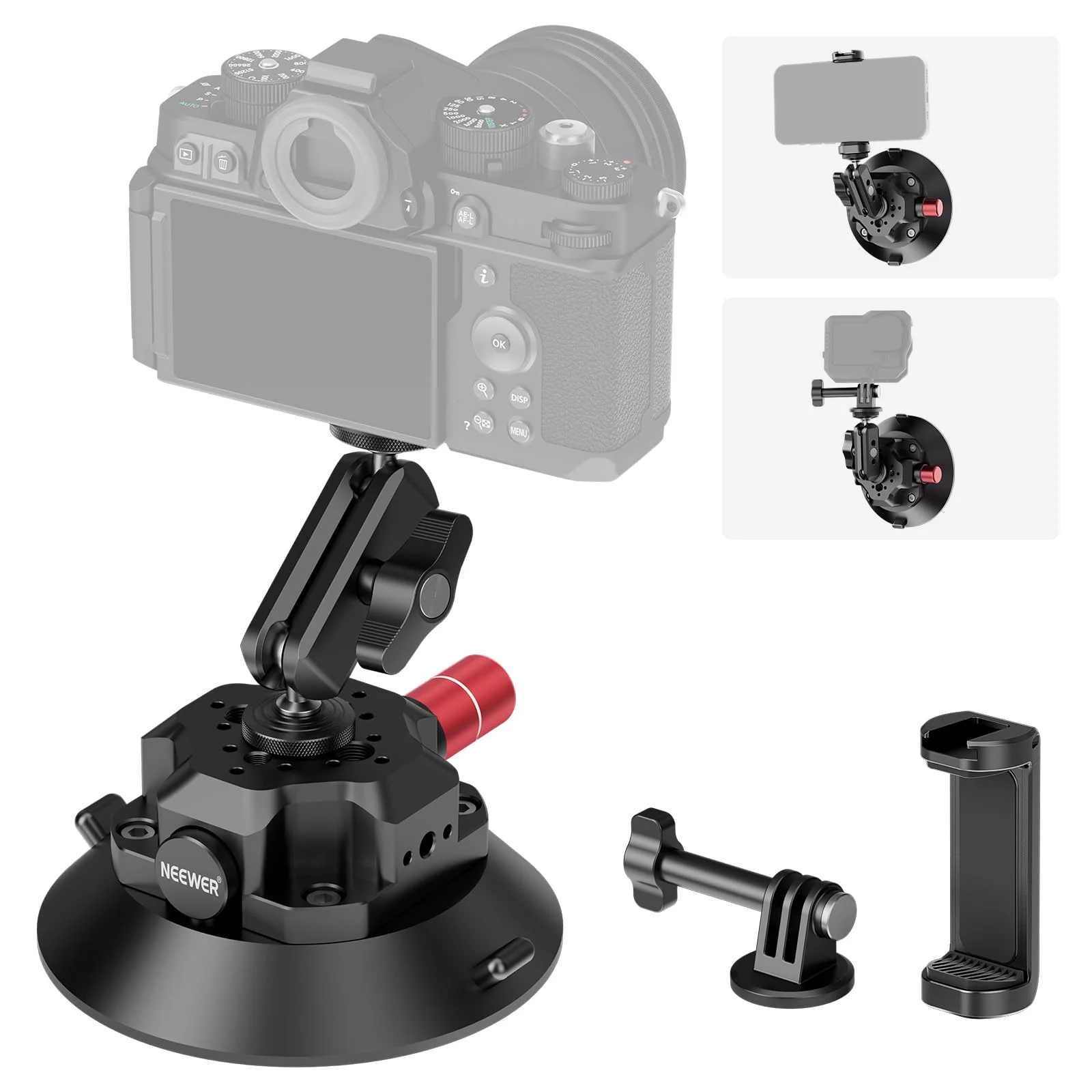 NEEWER 4.5" Suction Cup Camera Mount with Ball Head Magic Arm, 1/4" 3/8" ARRI Holes, Quick Release Car Mount with Phone Holder & Action Cam Adapter Compatible with iPhone DJI Insta360, CA105