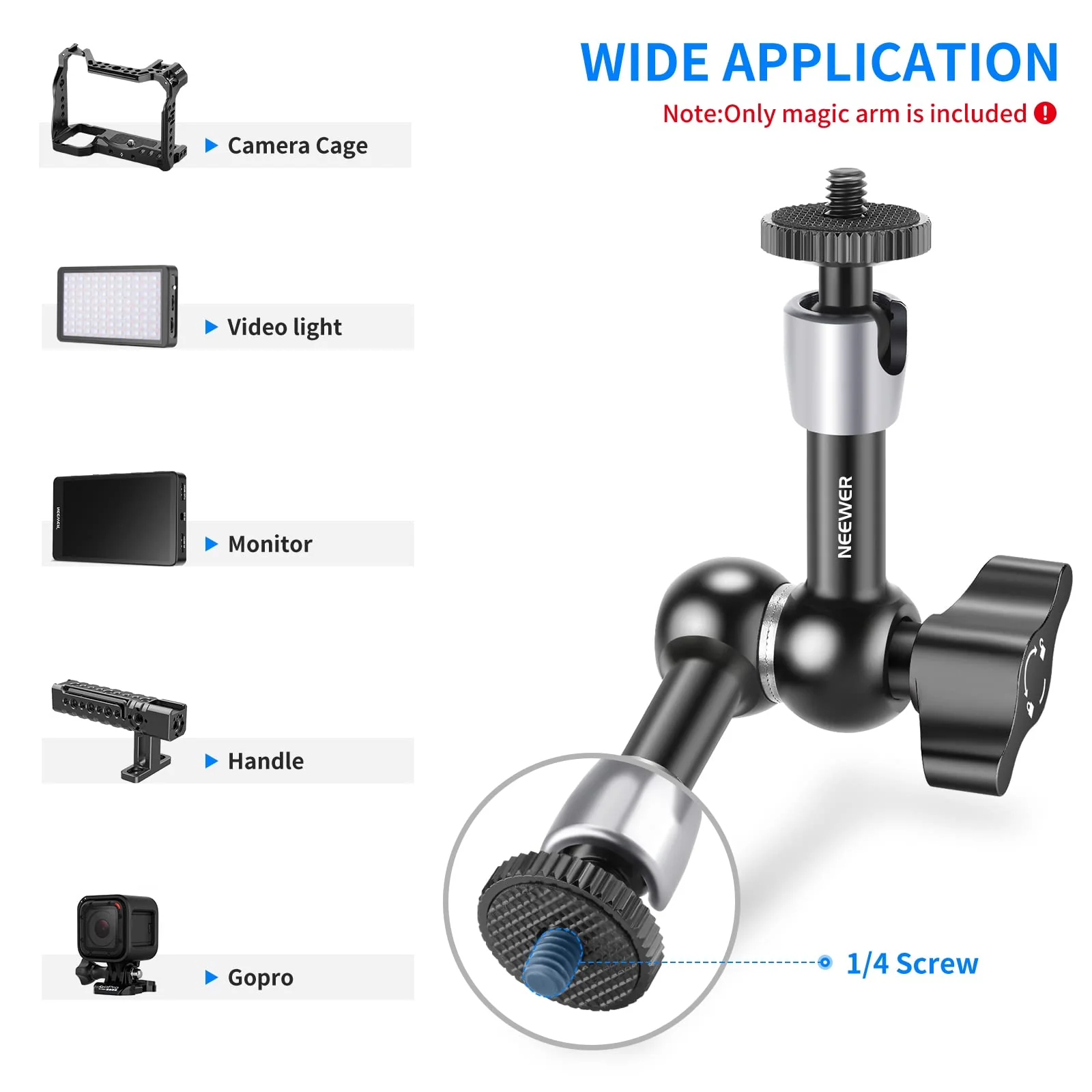 NEEWER 5.9"/15cm Adjustable Friction Magic Arm with 1/4" Screw on Both Ends, Compatible with SmallRig Cage, Flash/LED Light/Microphone/Monitor/SuperClip, Max Load 4.4lb/2kg, ST15 - Image 3