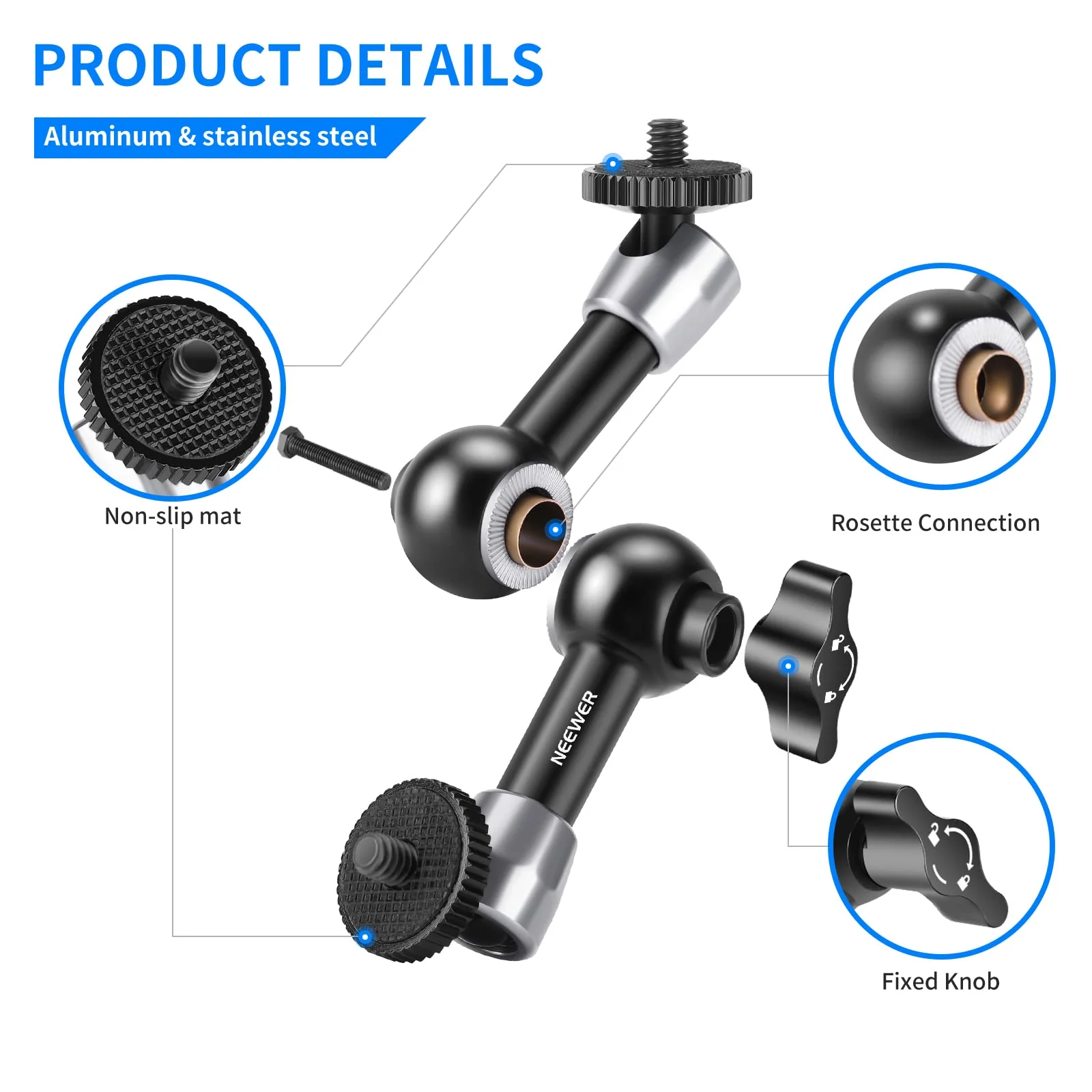 NEEWER 5.9"/15cm Adjustable Friction Magic Arm with 1/4" Screw on Both Ends, Compatible with SmallRig Cage, Flash/LED Light/Microphone/Monitor/SuperClip, Max Load 4.4lb/2kg, ST15 - Image 4