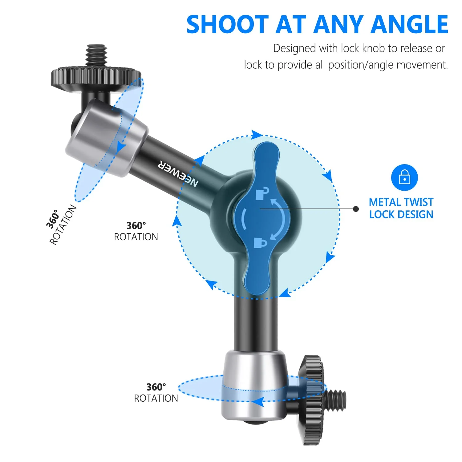 NEEWER 5.9"/15cm Adjustable Friction Magic Arm with 1/4" Screw on Both Ends, Compatible with SmallRig Cage, Flash/LED Light/Microphone/Monitor/SuperClip, Max Load 4.4lb/2kg, ST15 - Image 5