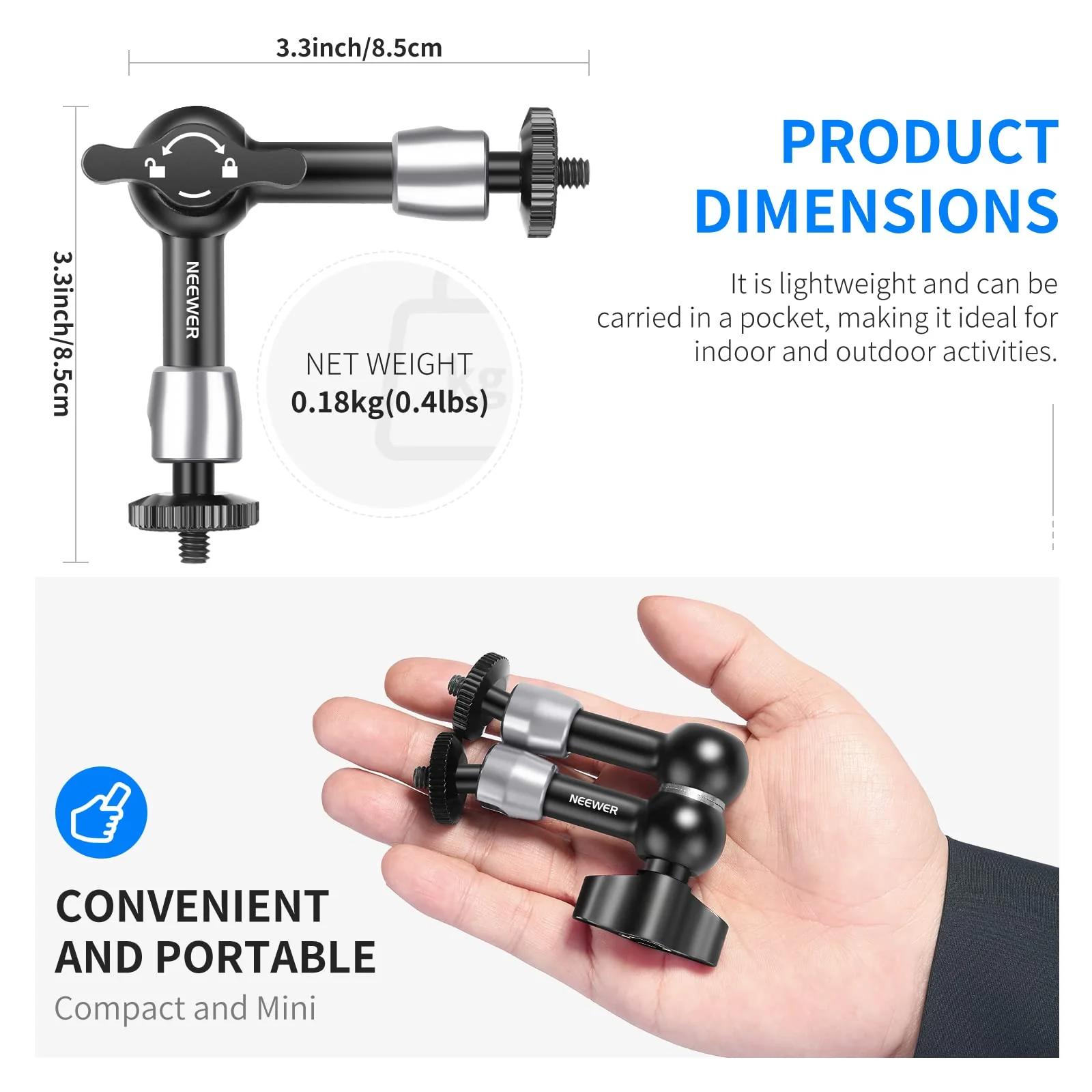 NEEWER 5.9"/15cm Adjustable Friction Magic Arm with 1/4" Screw on Both Ends, Compatible with SmallRig Cage, Flash/LED Light/Microphone/Monitor/SuperClip, Max Load 4.4lb/2kg, ST15 - Image 7