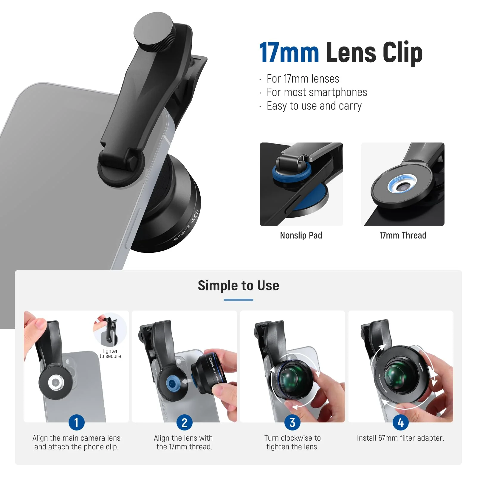 NEEWER 60mm Telephoto Lens with 17mm Thread Phone Lens Clip & 67mm Filter Adapter Ring, 2X Magnification Compatible with iPhone Samsung, LS-41 PRO - Image 7