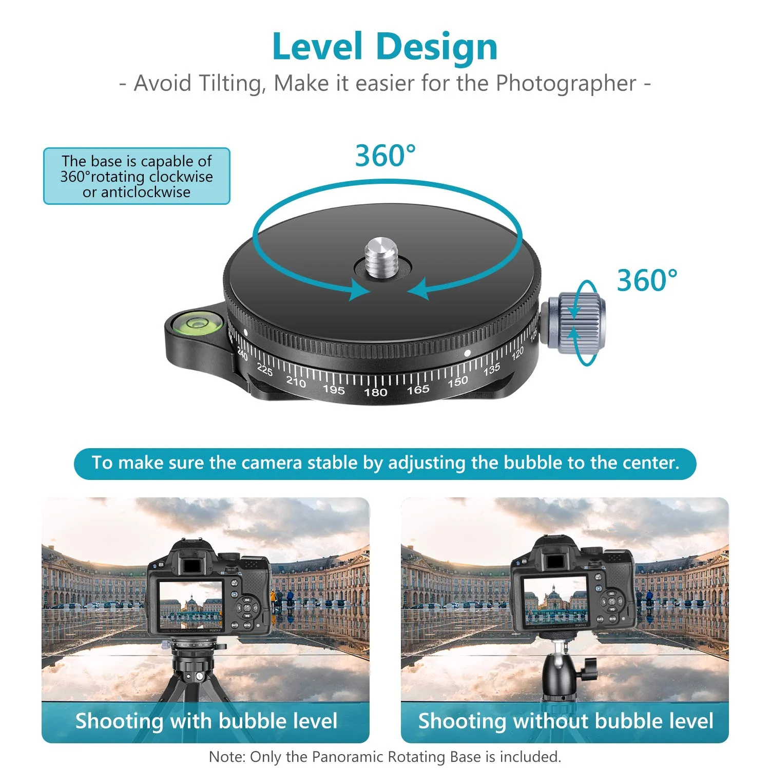 Neewer Camera Panoramic Panning Base with Style Plate, 3/8-inch Screw Aluminum Alloy Panorama Ball Tripod Head with Bubble Level for Tripod Monopod DSLR Cameras, Load Capacity 22 LBS - Image 4