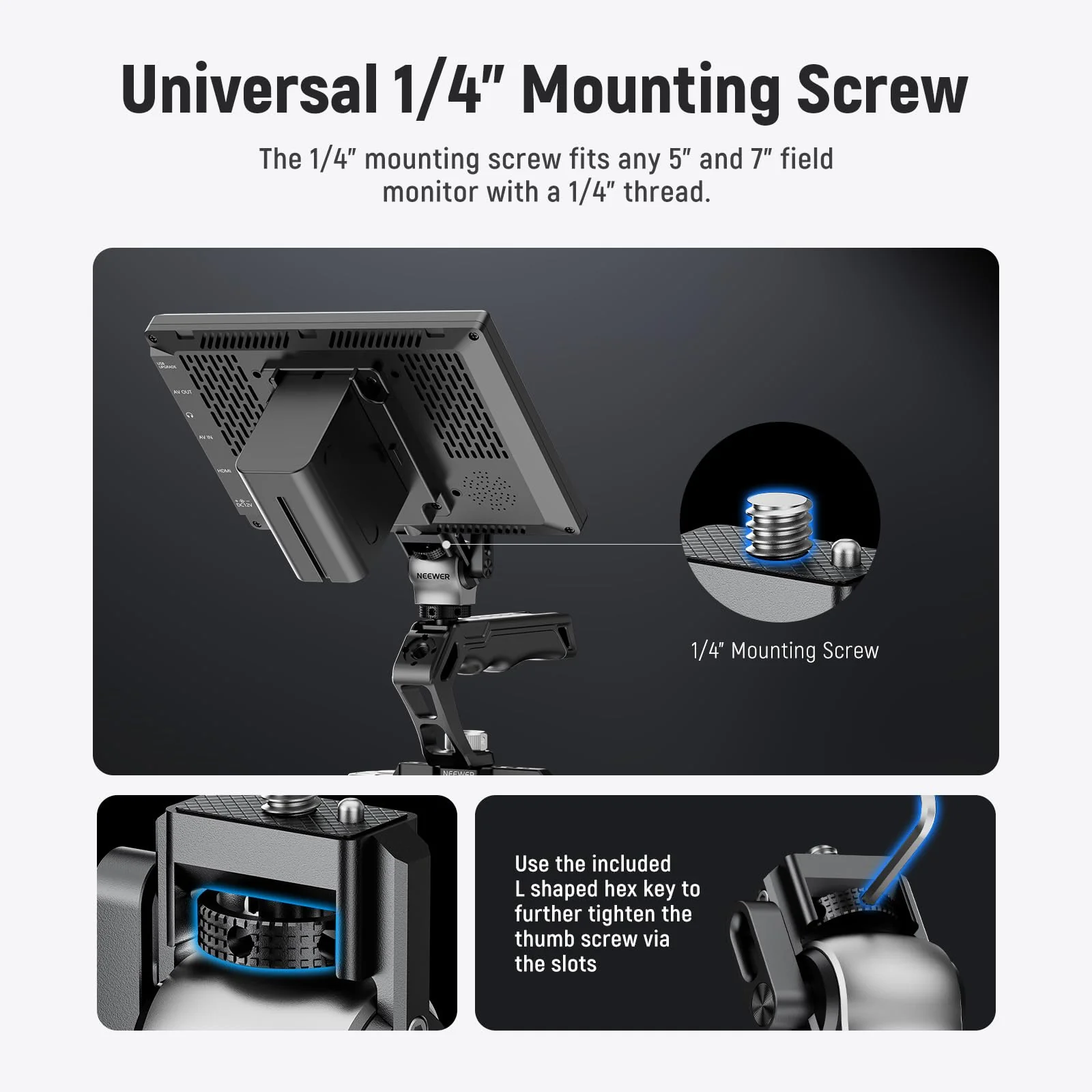 NEEWER Color Blocking Camera Monitor Mount with Cold Shoe, Anti Twist 1/4" Screw, 360° Swivel 180° Tilt Damping, Compatible with Atomos Ninja V 5"&7" Field Monitor Compatible with SmallRig Cage, MA013 - Image 2