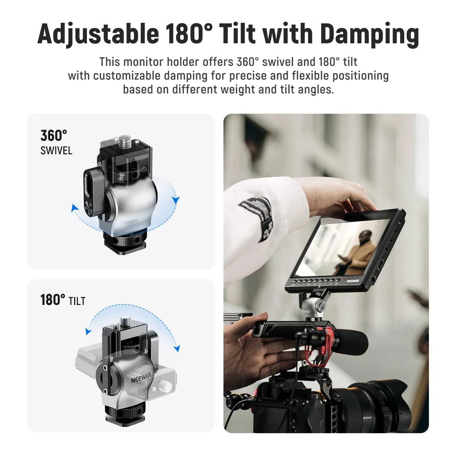 NEEWER Color Blocking Camera Monitor Mount with Cold Shoe, Anti Twist 1/4" Screw, 360° Swivel 180° Tilt Damping, Compatible with Atomos Ninja V 5"&7" Field Monitor Compatible with SmallRig Cage, MA013 - Image 4