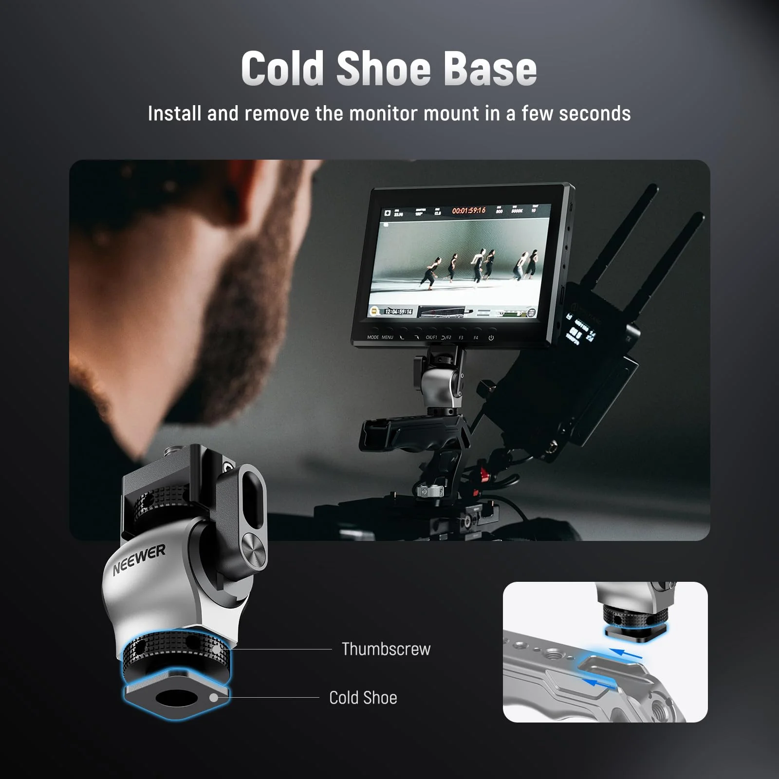 NEEWER Color Blocking Camera Monitor Mount with Cold Shoe, Anti Twist 1/4" Screw, 360° Swivel 180° Tilt Damping, Compatible with Atomos Ninja V 5"&7" Field Monitor Compatible with SmallRig Cage, MA013 - Image 7