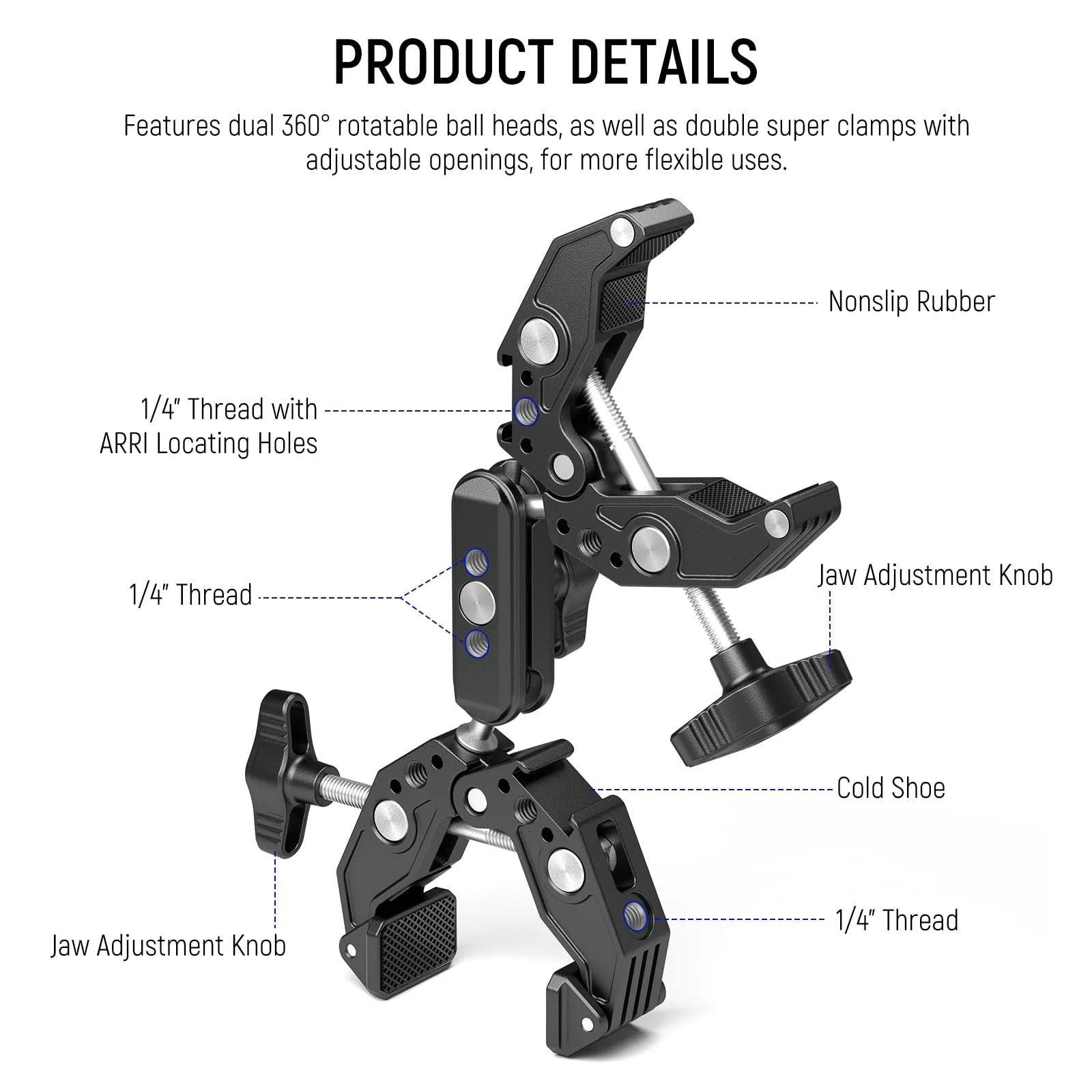 NEEWER Double Super Clamp Camera Mount with Magic Arm, Cold Shoes for Desk Studio Light Stand Holder Photography Reflector, Flag, Cross Bars, Motorcycle, Umbrella, Pole Stick Shoot Accessories Tools - Image 2