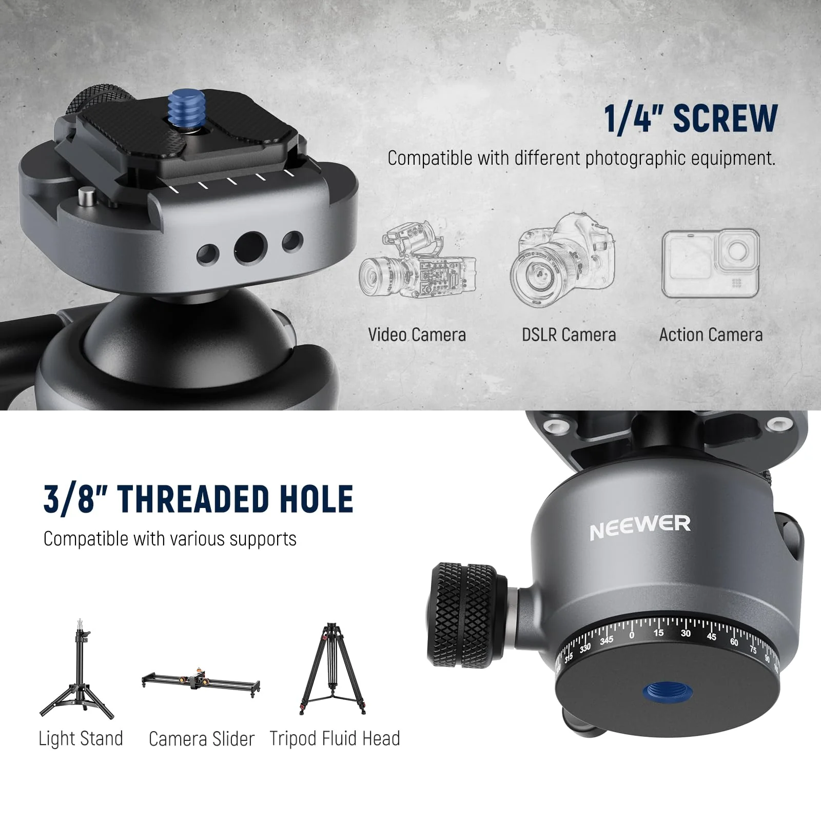 NEEWER GM41 Low Profile Tripod Ball Head, 40mm Metal Panoramic Camera Mount Adapter with 1/4" Arca Type QR Plate Compatible with Peak Design Capture Camera Clip, 360° Swivel & 90° Tilt, Max Load 22lb - Image 5