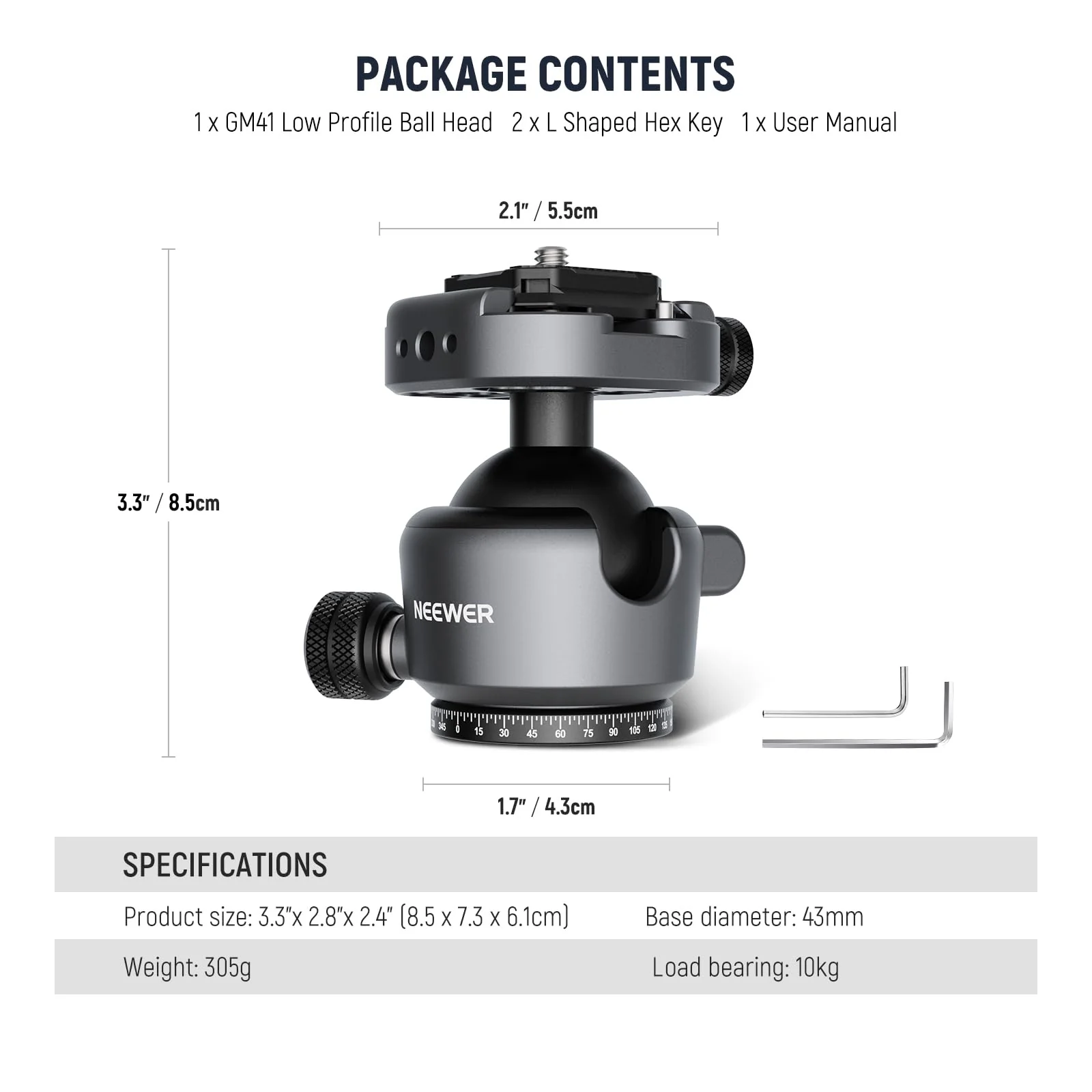 NEEWER GM41 Low Profile Tripod Ball Head, 40mm Metal Panoramic Camera Mount Adapter with 1/4" Arca Type QR Plate Compatible with Peak Design Capture Camera Clip, 360° Swivel & 90° Tilt, Max Load 22lb - Image 8