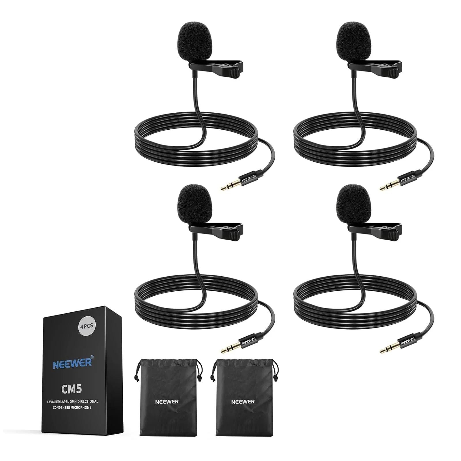 Neewer Lavalier Lapel Microphone (4 Pack), Omnidirectional Condenser Wired Clip On Lav Mic for Stage YouTube Live Streaming Compatible with Rode Wireless GO II 2 DJI Wireless Mic Transmitter, CM5