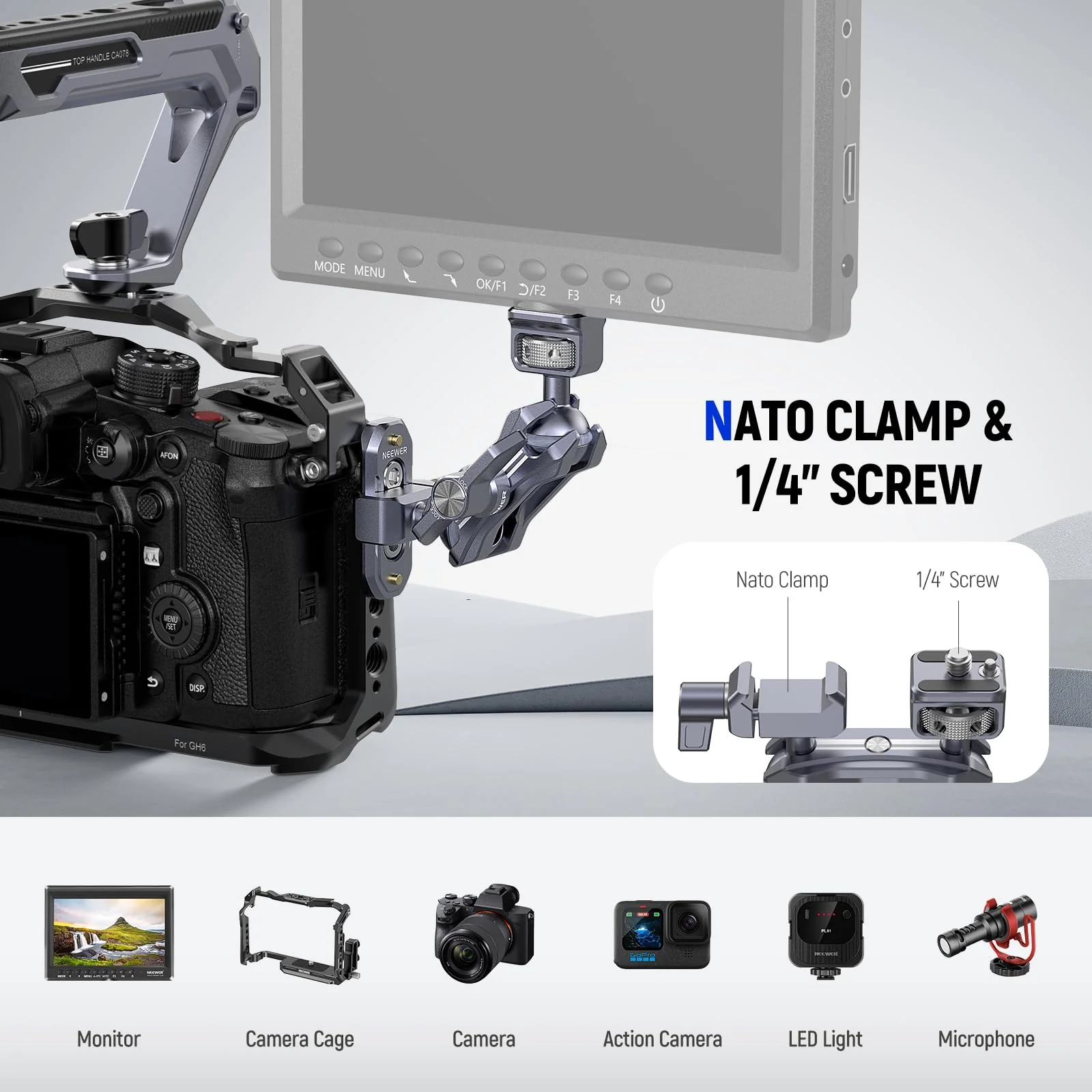 NEEWER Lightweight Magic Arm, Articulating Friction Arm with 1/4" Screw & NATO Clamp, Retractable Anti Twist Locating Pin, 360° Ball Head for Field Monitor, Compatible with SmallRig Cage, UA072 - Image 5