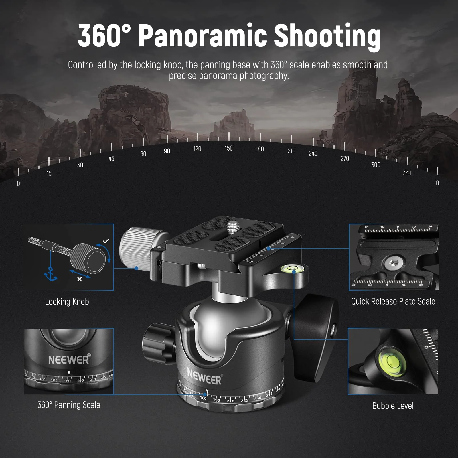 NEEWER Low Profile Camera Tripod Ball Head, 36mm Metal Panorama Ball Head Compatible with Arca 1/4” Quick Release Plate for Tripod Monopod Slider DSLR Camera Camcorder, Load Capacity: 33lb/15kg -GM36 - Image 6