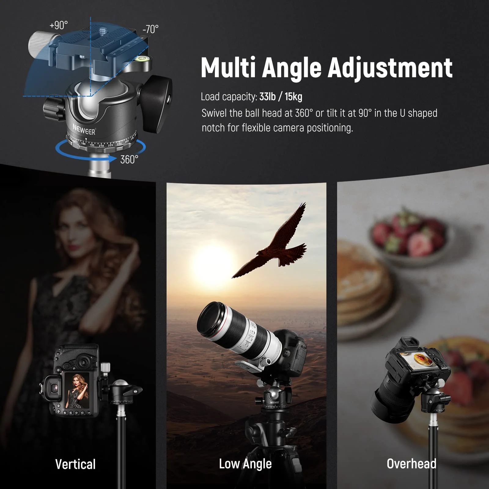 NEEWER Low Profile Camera Tripod Ball Head, 36mm Metal Panorama Ball Head Compatible with Arca 1/4” Quick Release Plate for Tripod Monopod Slider DSLR Camera Camcorder, Load Capacity: 33lb/15kg -GM36 - Image 7
