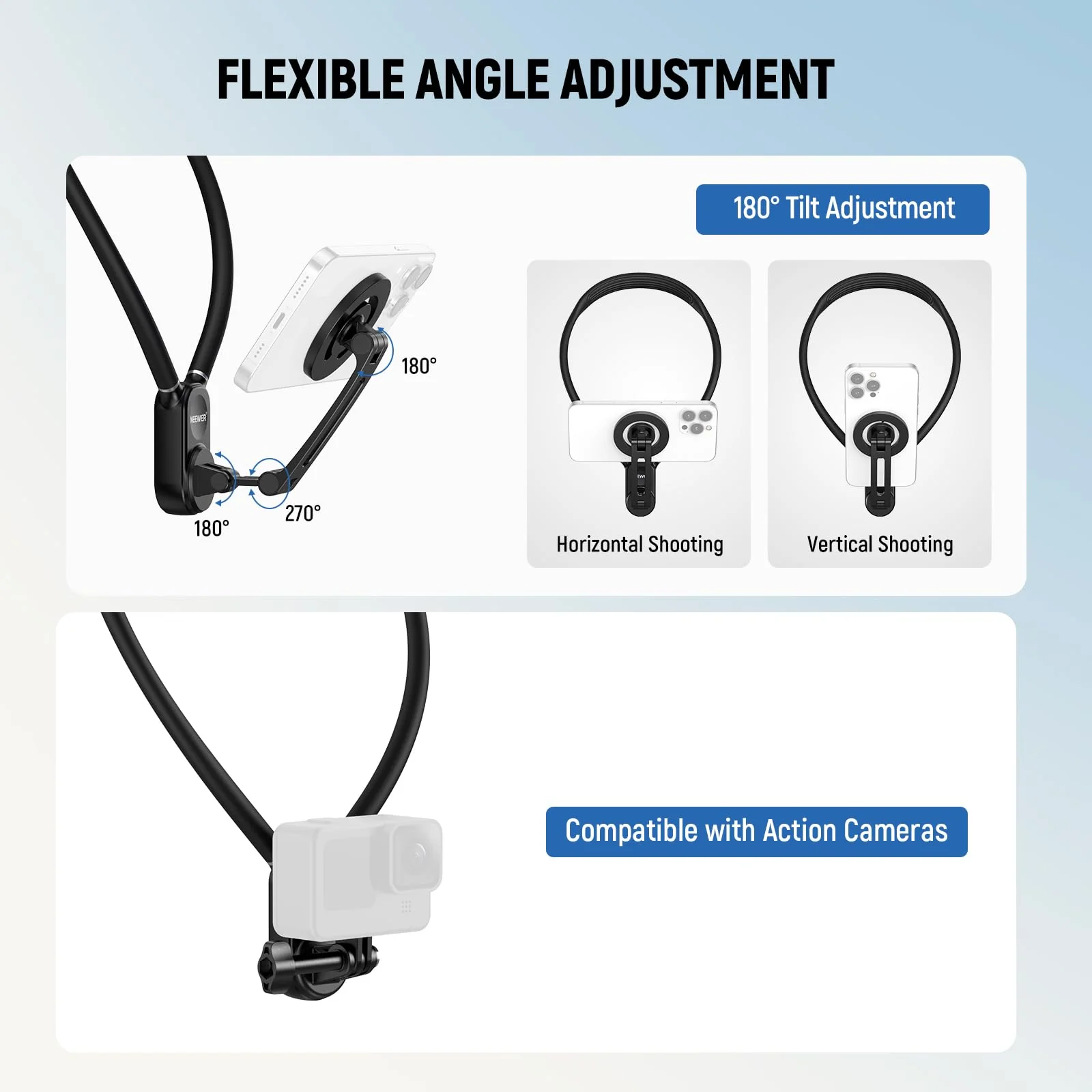 Neewer Magnetic Neck Holder for Action Camera & Phone, Hands Free Neck Tripod Chest Mount Compatible with GoPro DJI Insta360 iPhone 15 Android, Neck Phone holder for Recording POV Video Vlog, GP16 - Image 3