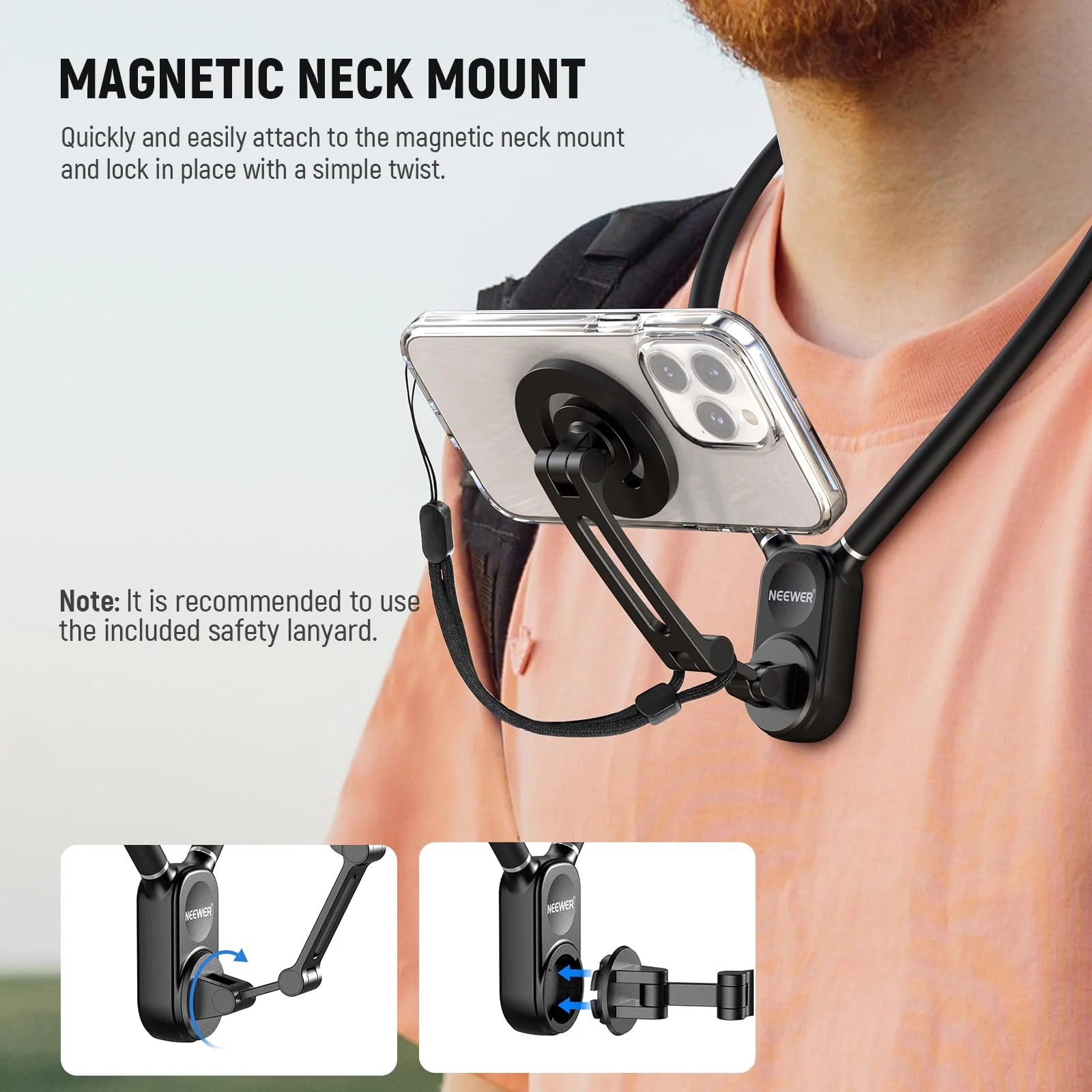 Neewer Magnetic Neck Holder for Action Camera & Phone, Hands Free Neck Tripod Chest Mount Compatible with GoPro DJI Insta360 iPhone 15 Android, Neck Phone holder for Recording POV Video Vlog, GP16 - Image 5
