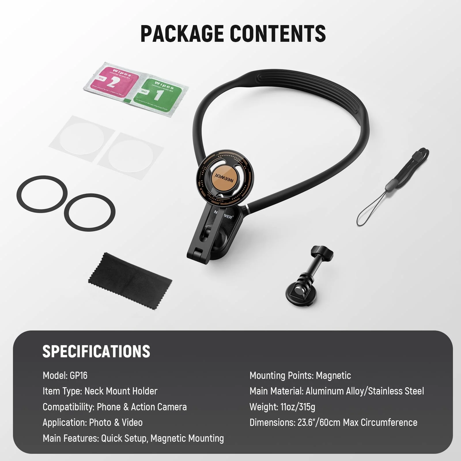 Neewer Magnetic Neck Holder for Action Camera & Phone, Hands Free Neck Tripod Chest Mount Compatible with GoPro DJI Insta360 iPhone 15 Android, Neck Phone holder for Recording POV Video Vlog, GP16 - Image 8
