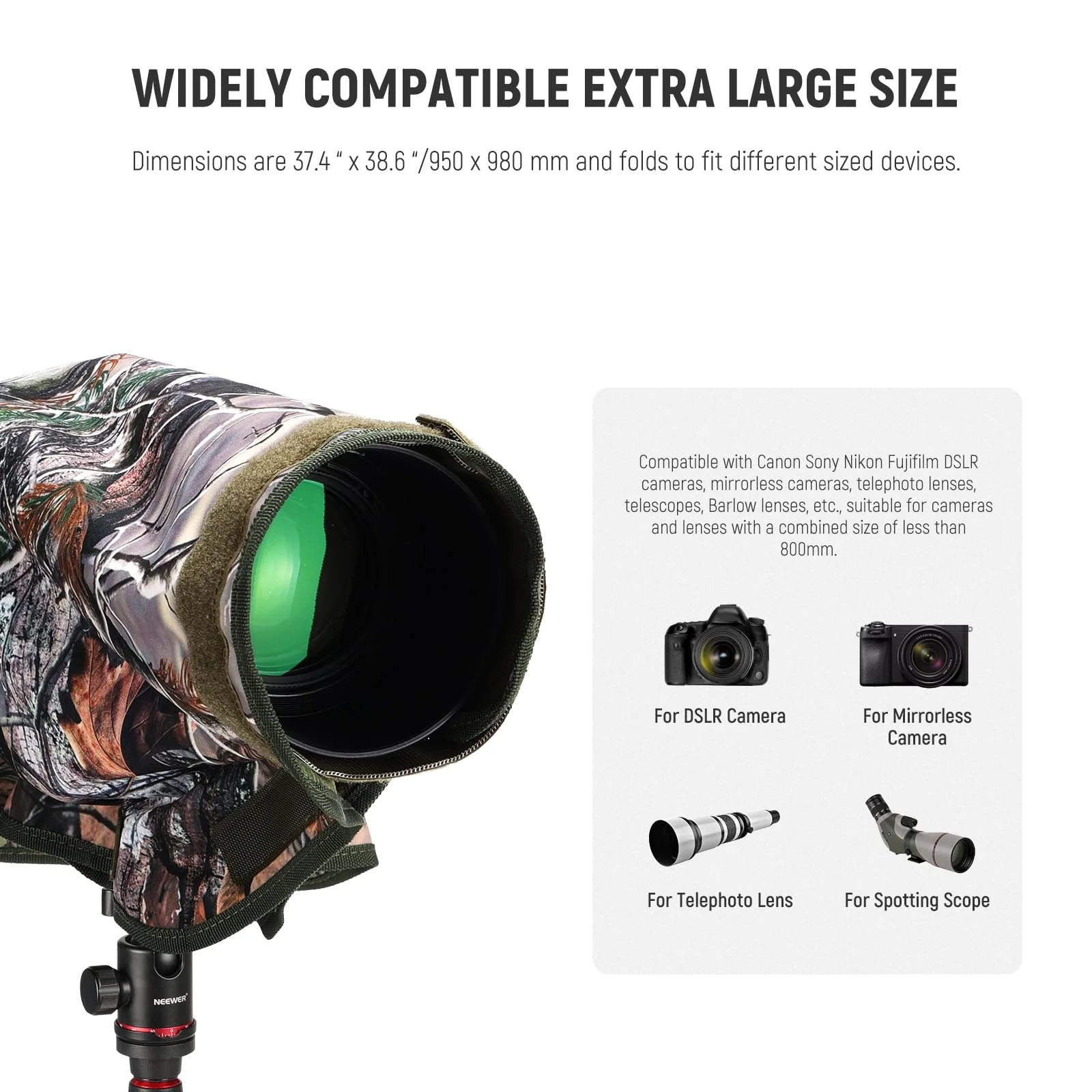 NEEWER PB019 Camera Rain Cover XL Large Waterproof Raincoat Protective Cover for Canon Sony Nikon Fujifilm DSLR Camera & Lenses up to 800 mm Double-Sided Camouflage Green Nylon - Image 2
