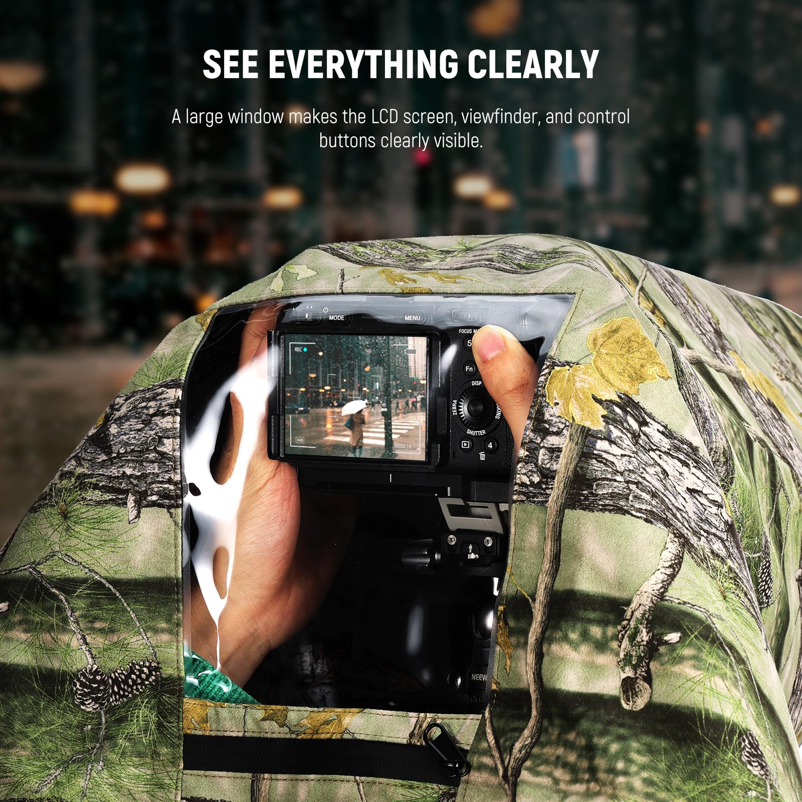 NEEWER PB019 Camera Rain Cover XL Large Waterproof Raincoat Protective Cover for Canon Sony Nikon Fujifilm DSLR Camera & Lenses up to 800 mm Double-Sided Camouflage Green Nylon - Image 5
