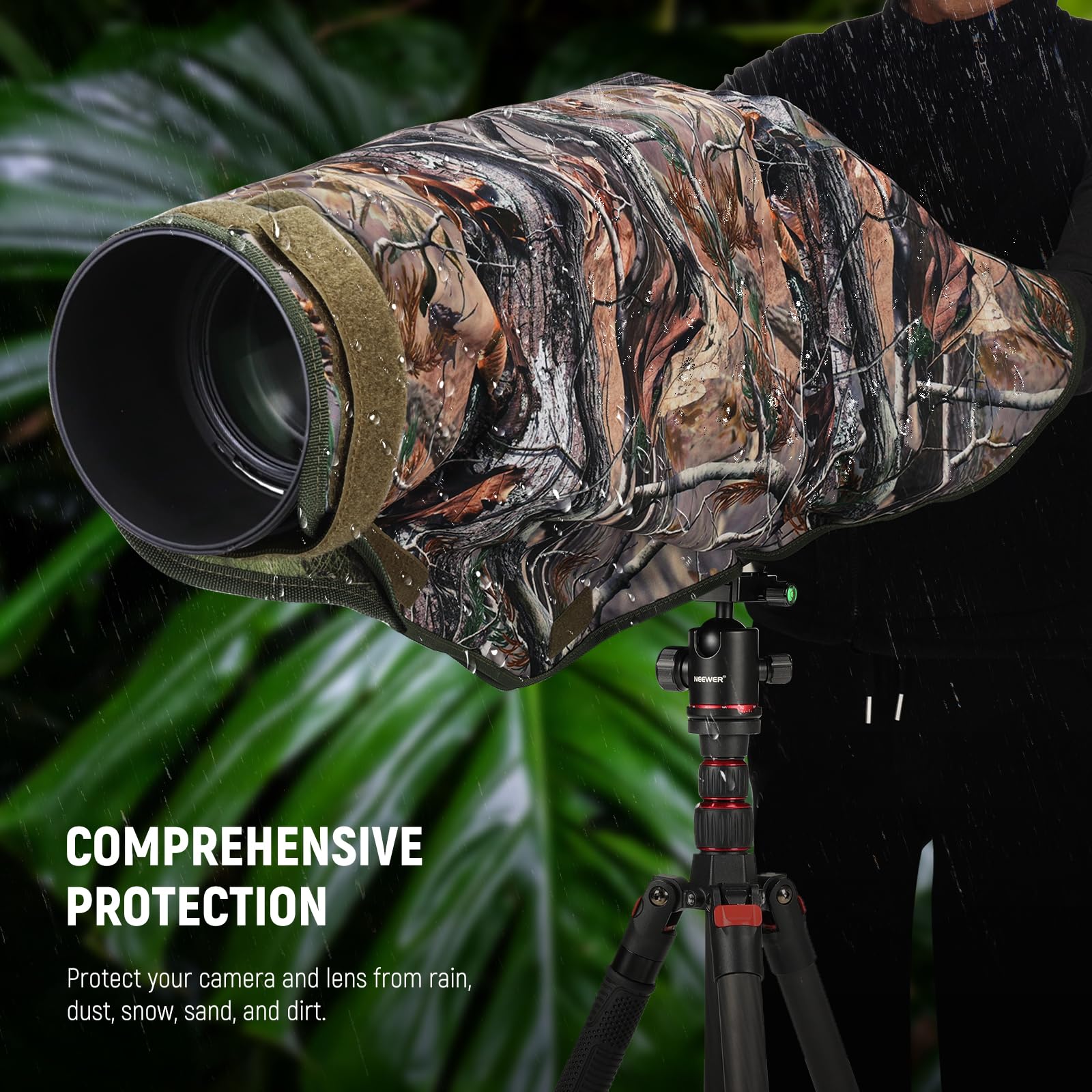 NEEWER PB019 Camera Rain Cover XL Large Waterproof Raincoat Protective Cover for Canon Sony Nikon Fujifilm DSLR Camera & Lenses up to 800 mm Double-Sided Camouflage Green Nylon - Image 6