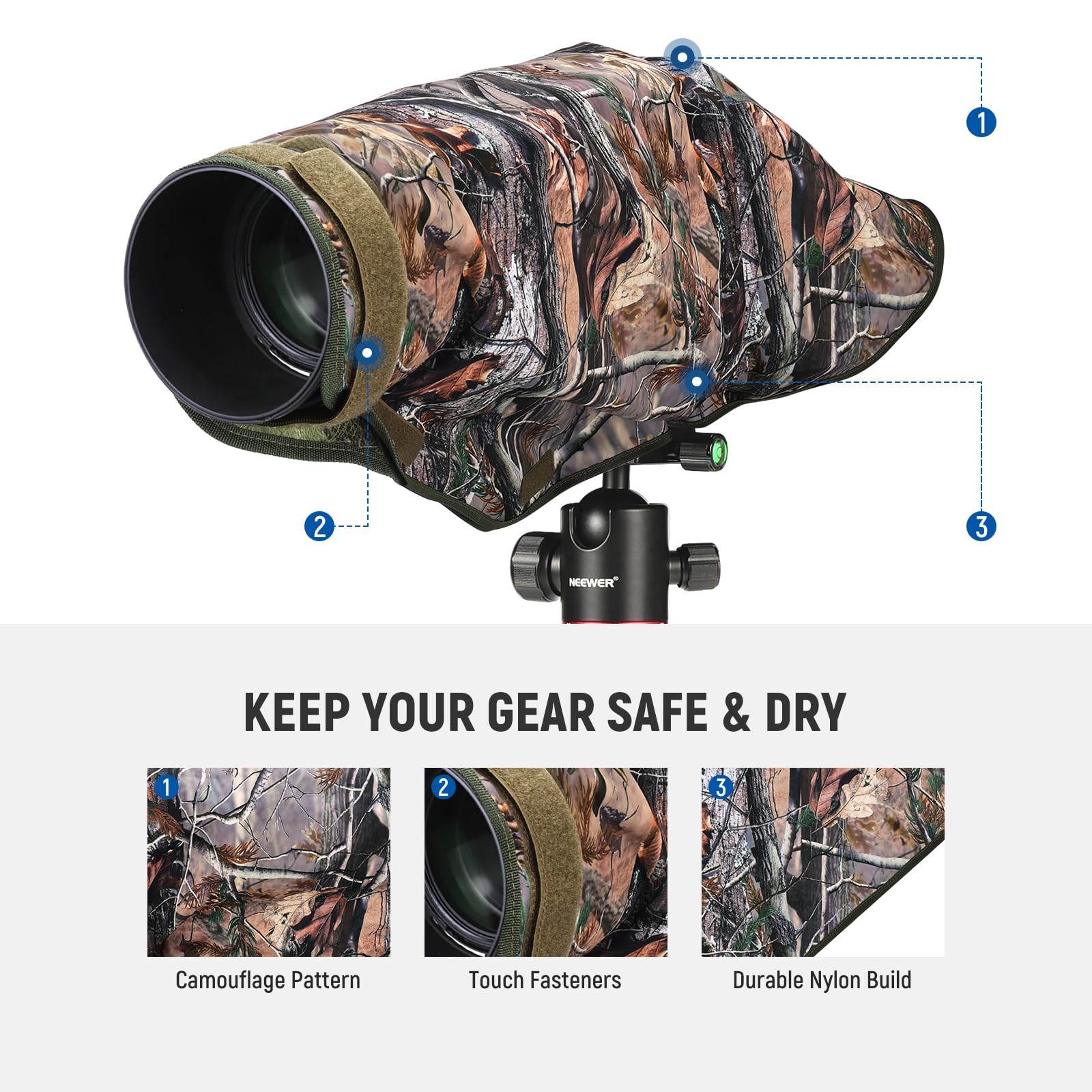 NEEWER PB019 Camera Rain Cover XL Large Waterproof Raincoat Protective Cover for Canon Sony Nikon Fujifilm DSLR Camera & Lenses up to 800 mm Double-Sided Camouflage Green Nylon - Image 7