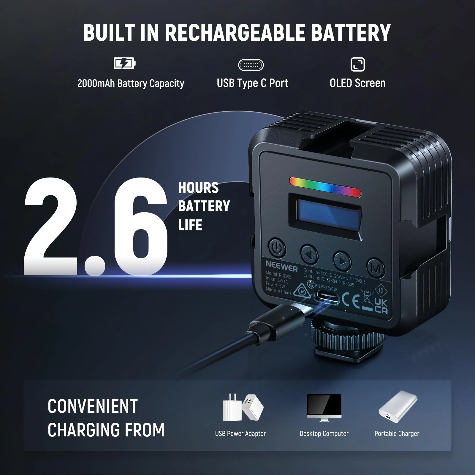 NEEWER RGB62 Magnetic RGB Video Light with Upgraded APP Control, 360° Full Color LED Camera Light with 3 Cold Shoes CRI97+ 2500K-8500K 17 Scenes 2000mAh Rechargeable Portable Photography Lighting camera light with app control - Image 7