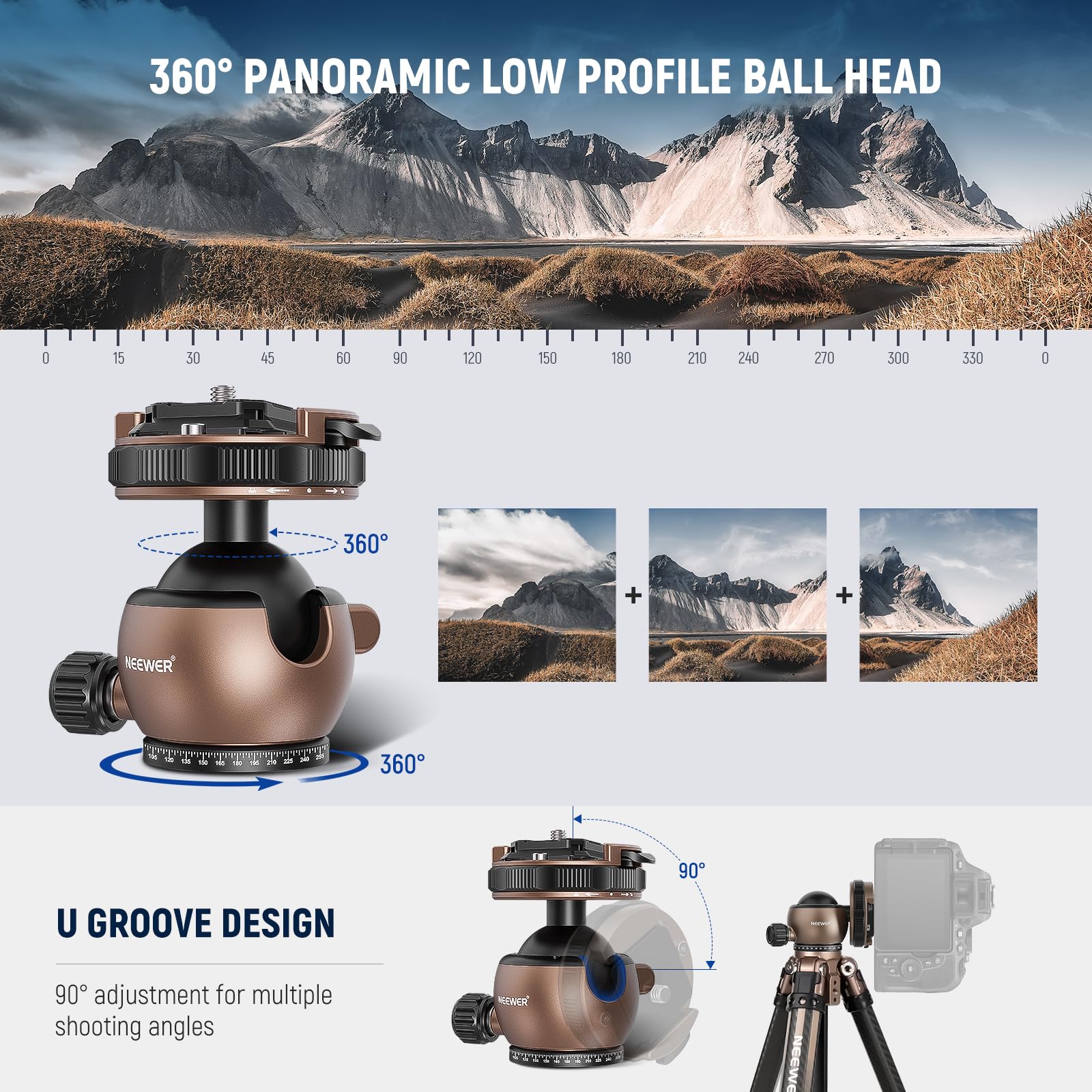 NEEWER Tripod Ball Head Mount Adapter, Low Profile Tripod Head Camera Ball Mount, Quick Lock with 1/4" QR Plate Compatible with Peak Design Capture Camera Clip, 360° Pan 90° Tilt, Max Load 22lb, GM32 - Image 3