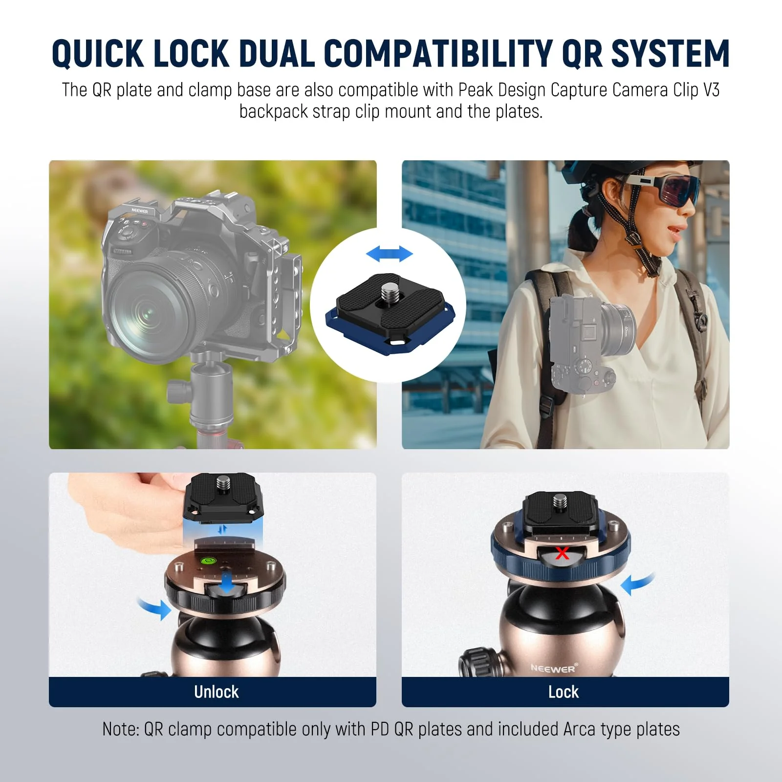 NEEWER Tripod Ball Head Mount Adapter, Low Profile Tripod Head Camera Ball Mount, Quick Lock with 1/4" QR Plate Compatible with Peak Design Capture Camera Clip, 360° Pan 90° Tilt, Max Load 22lb, GM32 - Image 4