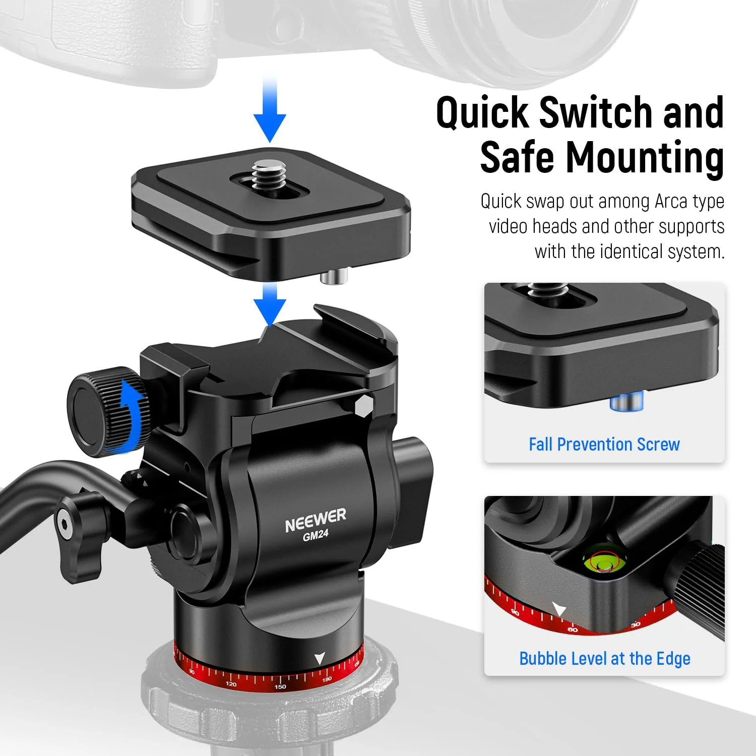 NEEWER Tripod Fluid Head Pan Tilt Head with Quick Release Plate and Handle, Metal Camera Tripod Head Compatible with Arca Swiss for Compact Video Cameras DSLR Cameras, Load up to 6.6lb/3kg, GM24 Red - Image 10