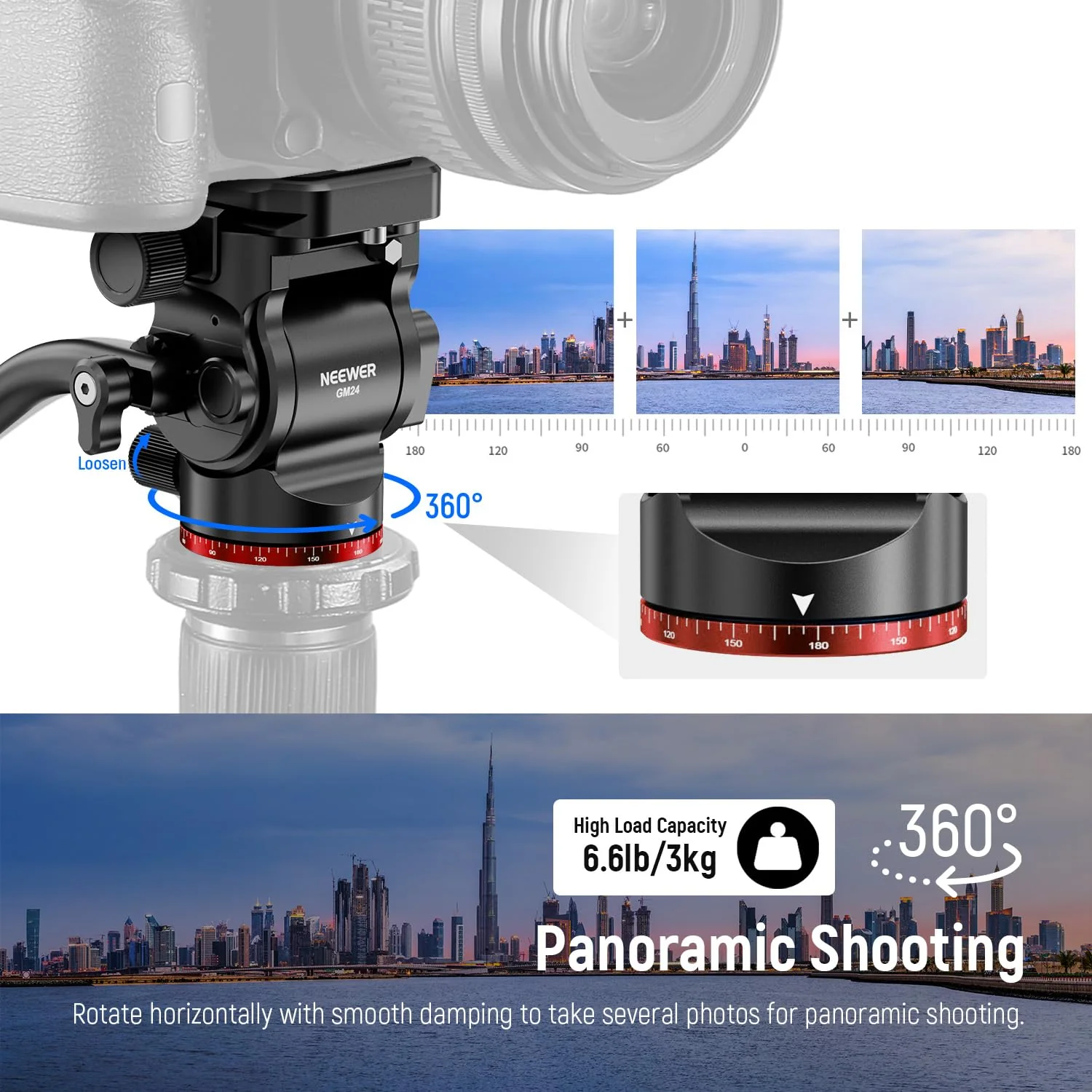 NEEWER Tripod Fluid Head Pan Tilt Head with Quick Release Plate and Handle, Metal Camera Tripod Head Compatible with Arca Swiss for Compact Video Cameras DSLR Cameras, Load up to 6.6lb/3kg, GM24 Red - Image 5