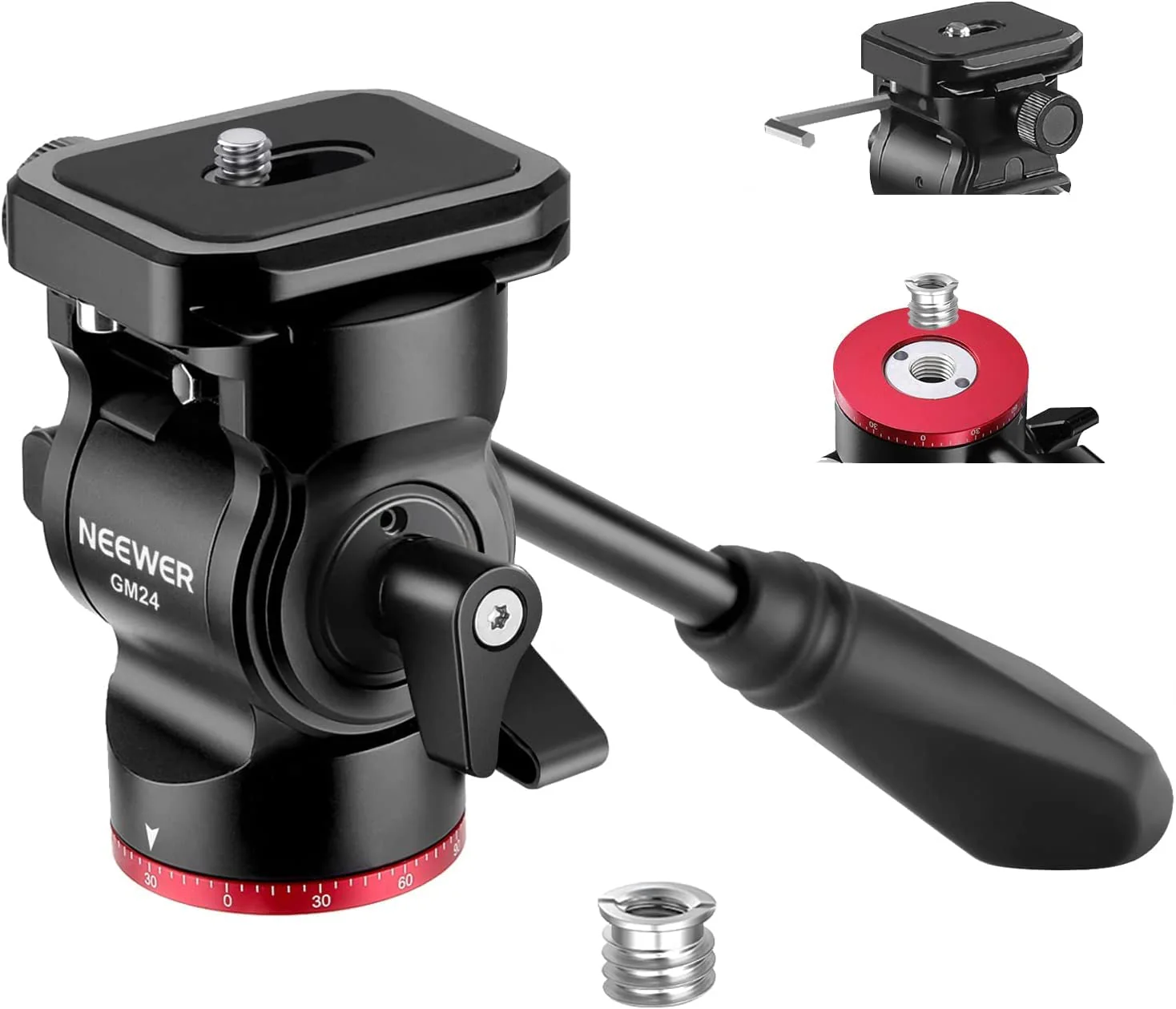 NEEWER Tripod Fluid Head Pan Tilt Head with Quick Release Plate and Handle, Metal Camera Tripod Head Compatible with Arca Swiss for Compact Video Cameras DSLR Cameras, Load up to 6.6lb/3kg, GM24 Red - Image 7