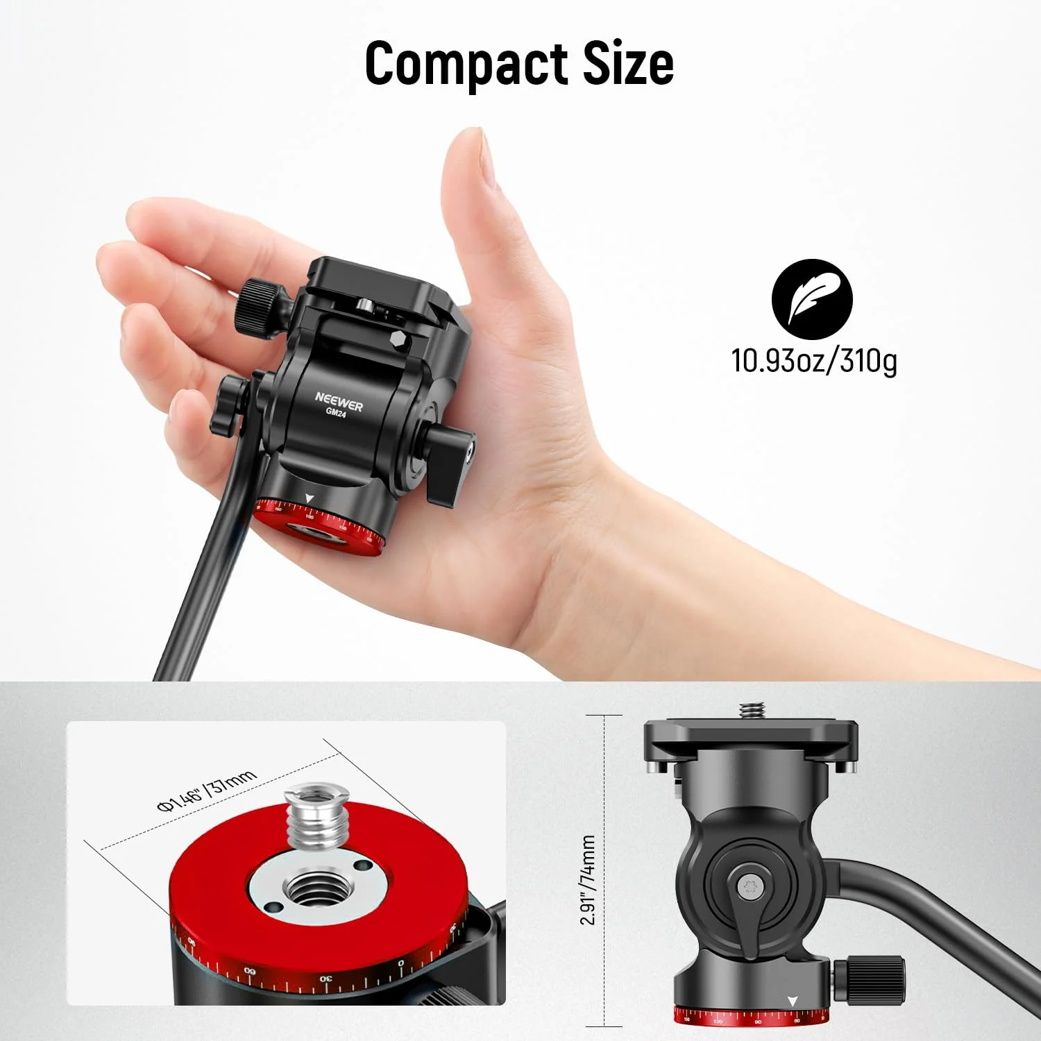 NEEWER Tripod Fluid Head Pan Tilt Head with Quick Release Plate and Handle, Metal Camera Tripod Head Compatible with Arca Swiss for Compact Video Cameras DSLR Cameras, Load up to 6.6lb/3kg, GM24 Red - Image 8