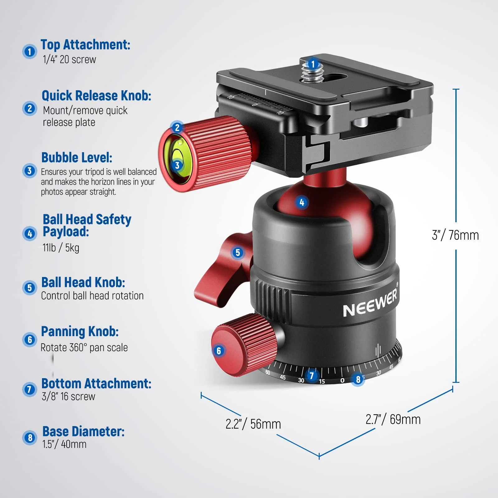 NEEWER Tripod Head, 360° Rotating Panoramic Ball Head with 1/4” Quick Shoe Plate for Tripod Monopod Slider DSLR Camera Camcorder, Max Load up to 5kg/11lb – GM28 - Image 8
