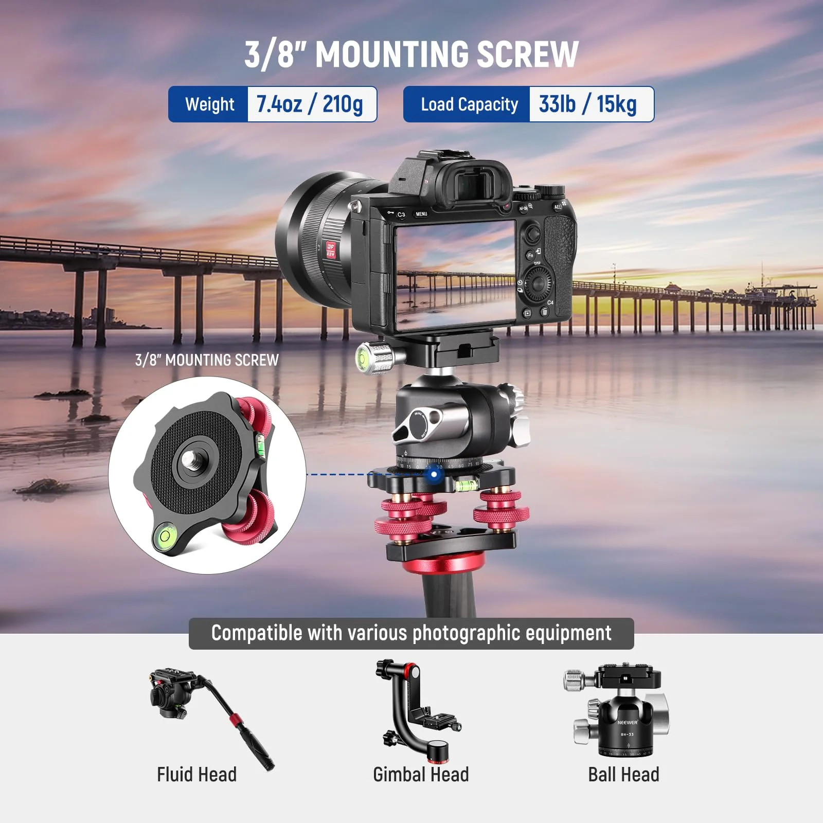 NEEWER Tripod Head Leveling Base Camera Leveler, Aircraft Grade Aluminum Alloy 3 Axis Tri Wheel Head, 3/8” Thread, -5° Precise Angle Adjustment for Macro Panoramic Photography, LP64 - Image 4
