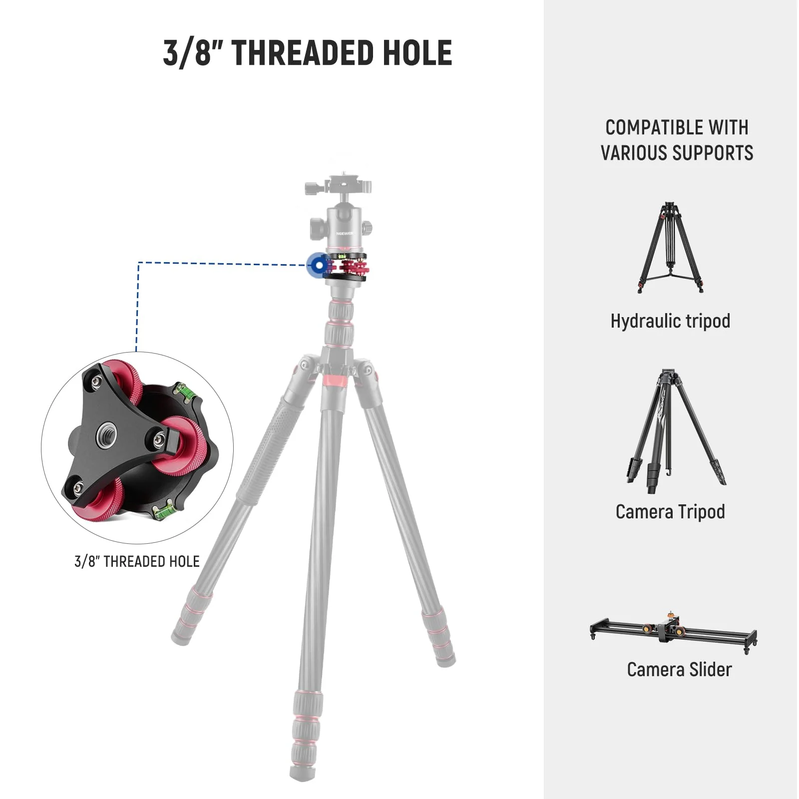 NEEWER Tripod Head Leveling Base Camera Leveler, Aircraft Grade Aluminum Alloy 3 Axis Tri Wheel Head, 3/8” Thread, -5° Precise Angle Adjustment for Macro Panoramic Photography, LP64 - Image 5