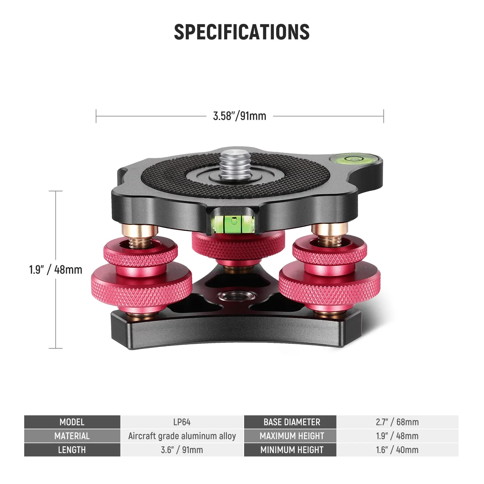 NEEWER Tripod Head Leveling Base Camera Leveler, Aircraft Grade Aluminum Alloy 3 Axis Tri Wheel Head, 3/8” Thread, -5° Precise Angle Adjustment for Macro Panoramic Photography, LP64 - Image 7