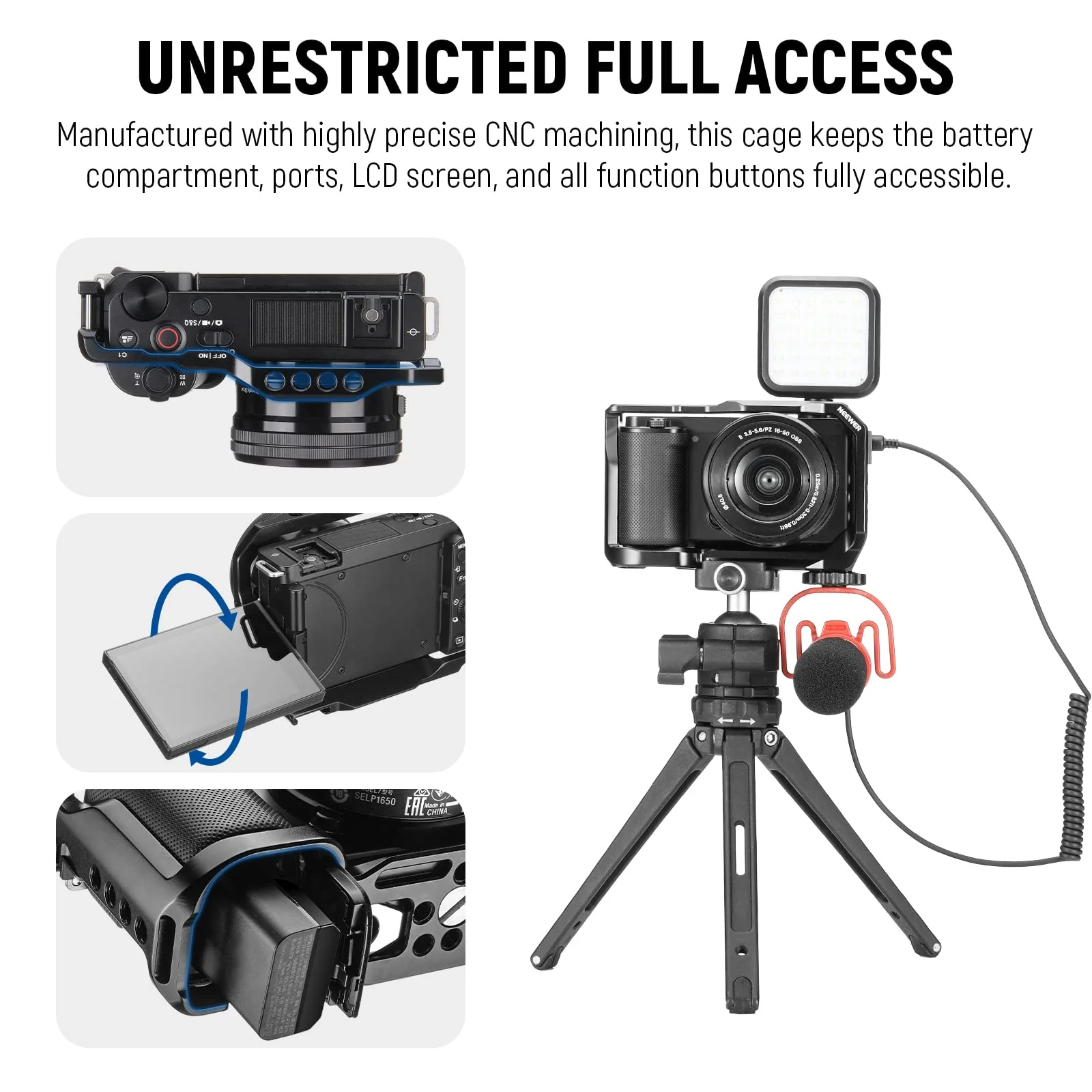 NEEWER ZV-E10 Camera Cage Compatible with Sony ZV-E10, Aluminum Video Shooting Cage Rig with Arca Type QR Plate, 1/4" Threads, Cold Shoe Mounts Compatible with SmallRig Top Handles Video Rigs, CA003 - Image 5