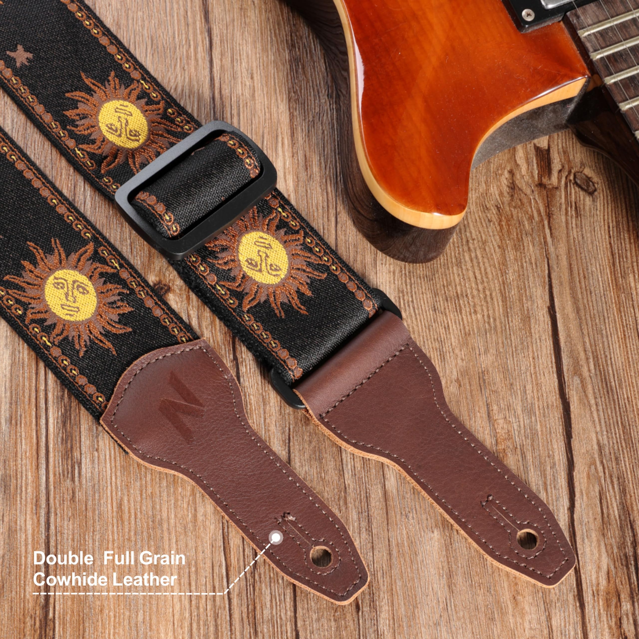 Nefelibata Banjo Strap, 2" Wide Double Full Grain Cowhide Guitar Strap Adjustable Replacement,Multi-pattern Guitar Strap With Headstock Rope and Leather Headband(Sun God Embroidery) Sun God Embroidery - Image 3