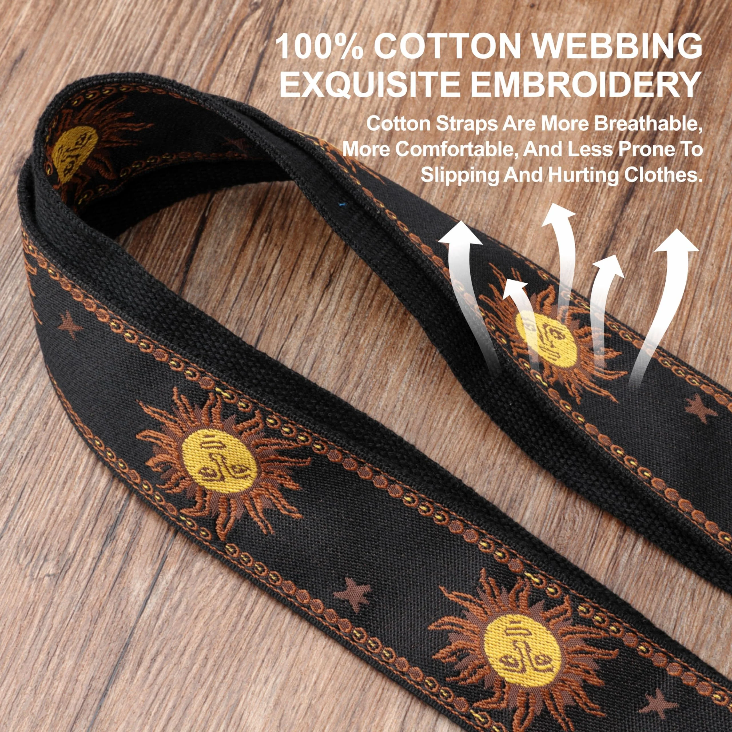 Nefelibata Banjo Strap, 2" Wide Double Full Grain Cowhide Guitar Strap Adjustable Replacement,Multi-pattern Guitar Strap With Headstock Rope and Leather Headband(Sun God Embroidery) Sun God Embroidery - Image 4