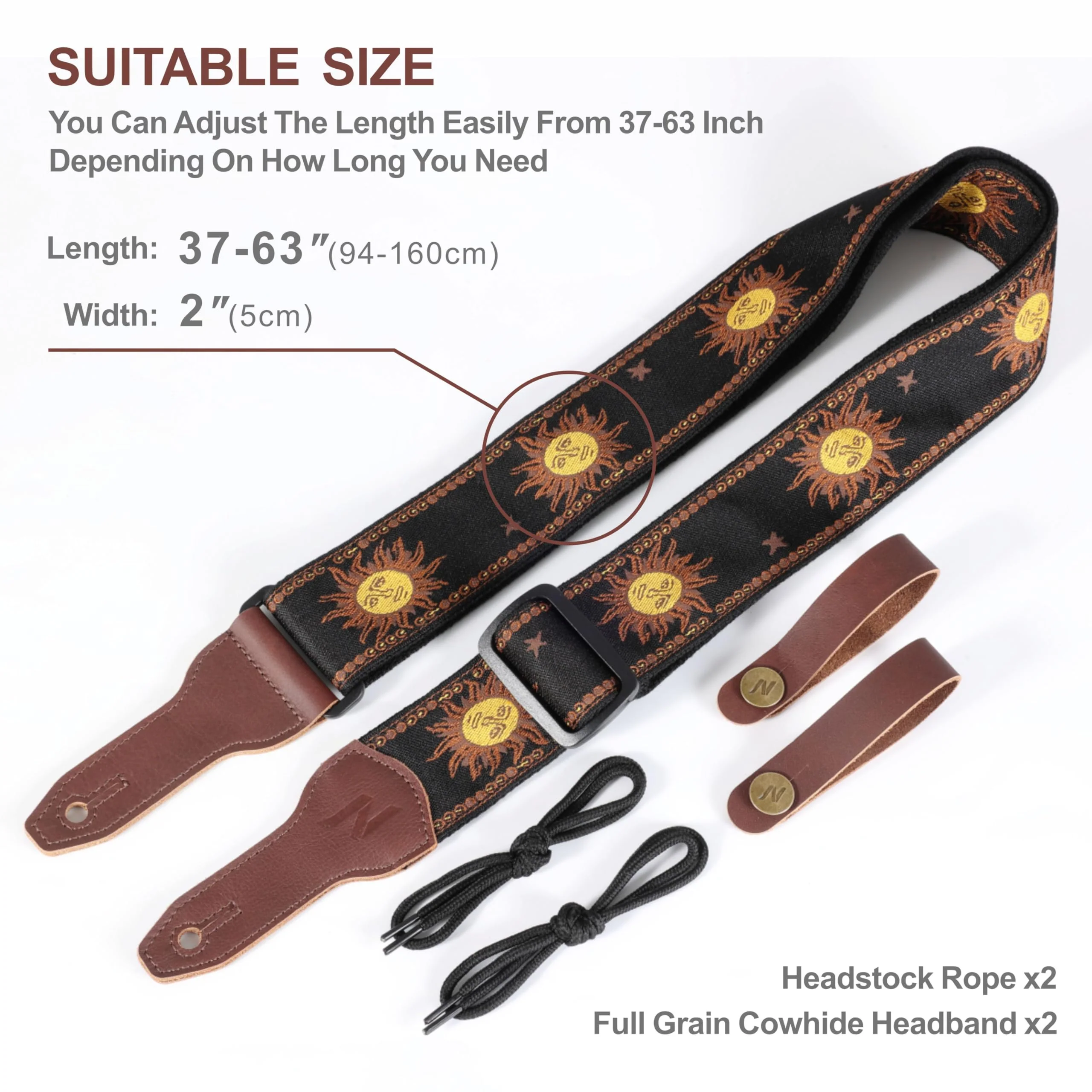 Nefelibata Banjo Strap, 2" Wide Double Full Grain Cowhide Guitar Strap Adjustable Replacement,Multi-pattern Guitar Strap With Headstock Rope and Leather Headband(Sun God Embroidery) Sun God Embroidery - Image 7