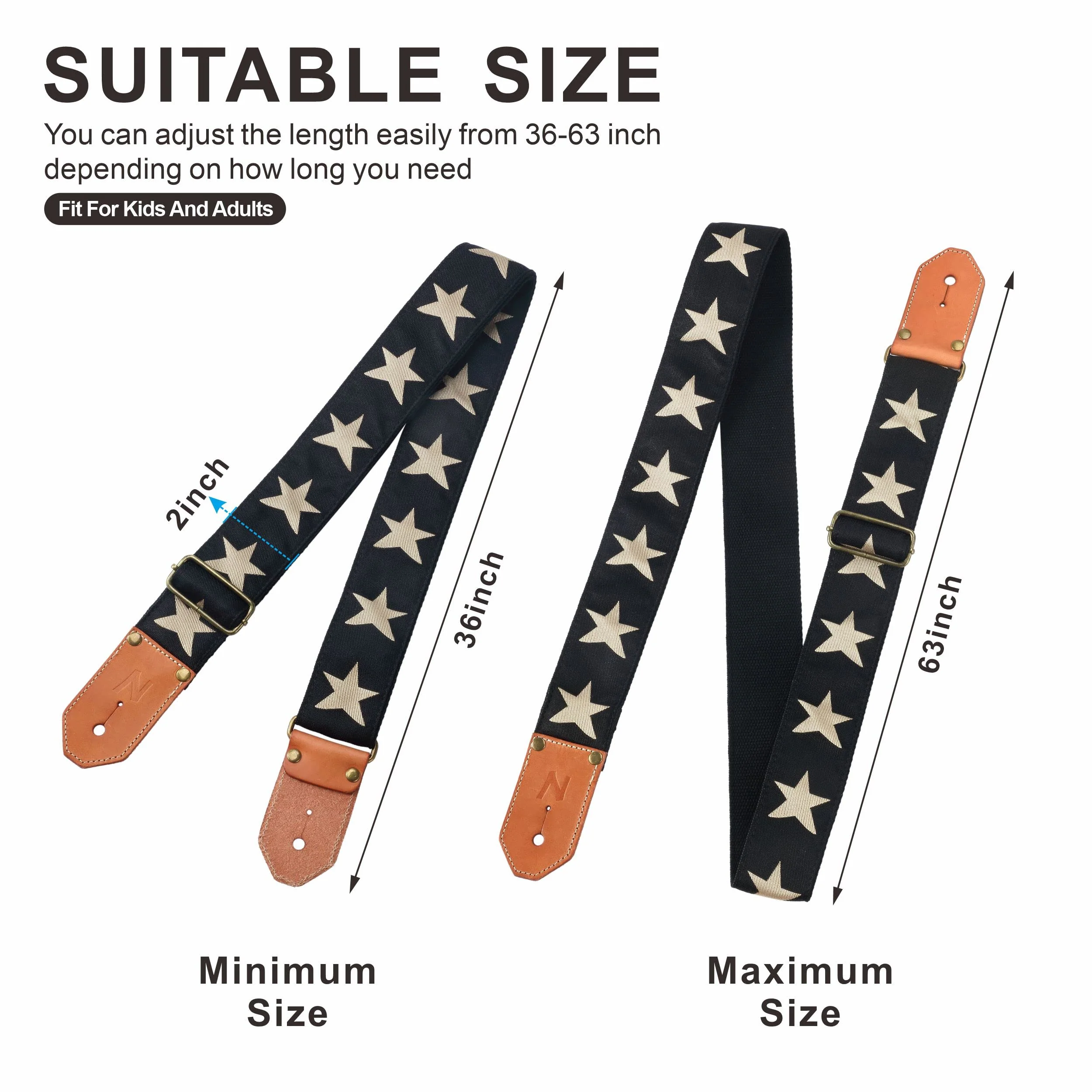 Nefelibata Cool Woven Guitar Strap -Cotton Guitar Straps with Thicked First Layer Vegetable Tanned Cowhide Leather Ends for Acoustic, Bass, Electric, Best Gift for Your Love Guitarists(Star) Star - Image 3
