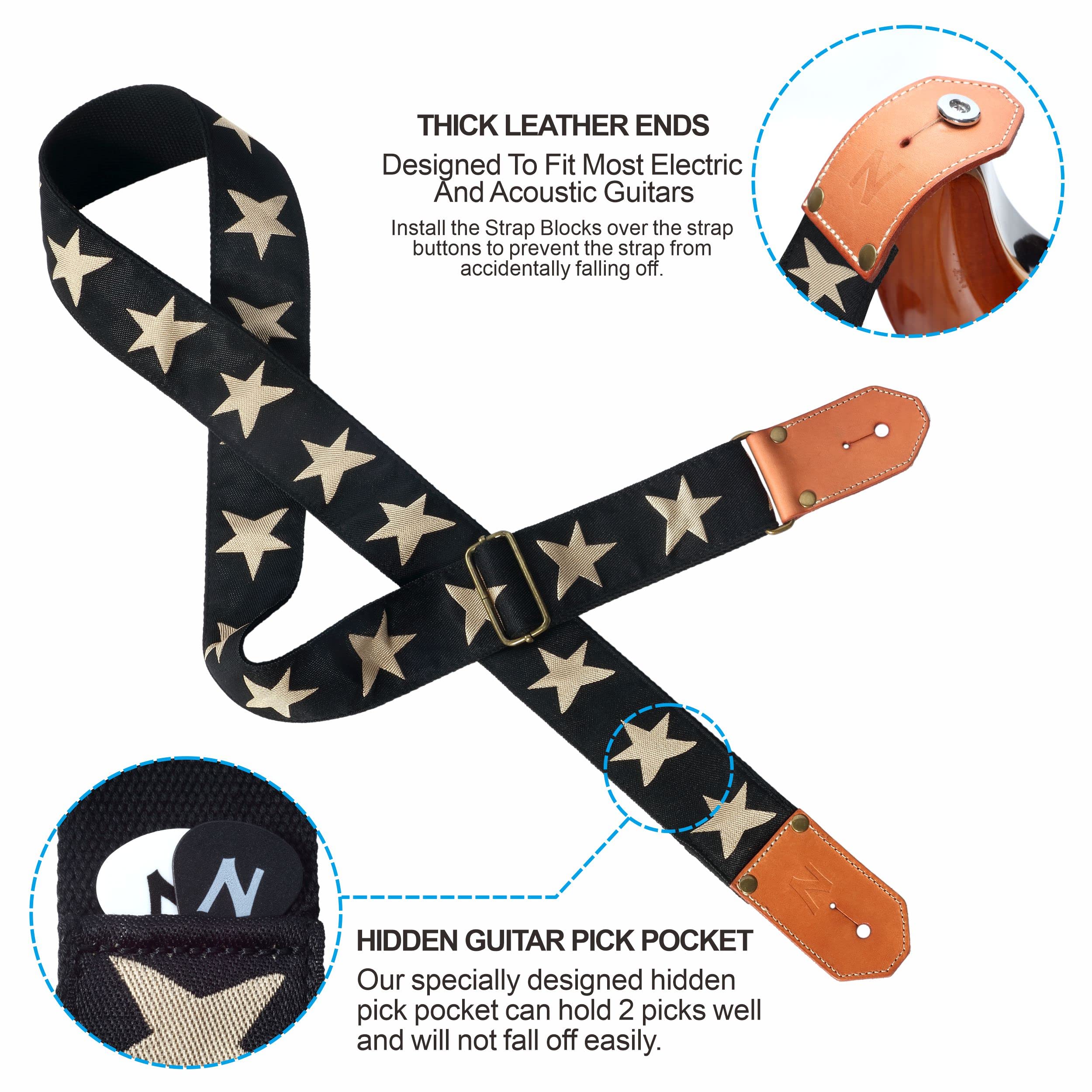 Nefelibata Cool Woven Guitar Strap -Cotton Guitar Straps with Thicked First Layer Vegetable Tanned Cowhide Leather Ends for Acoustic, Bass, Electric, Best Gift for Your Love Guitarists(Star) Star - Image 5