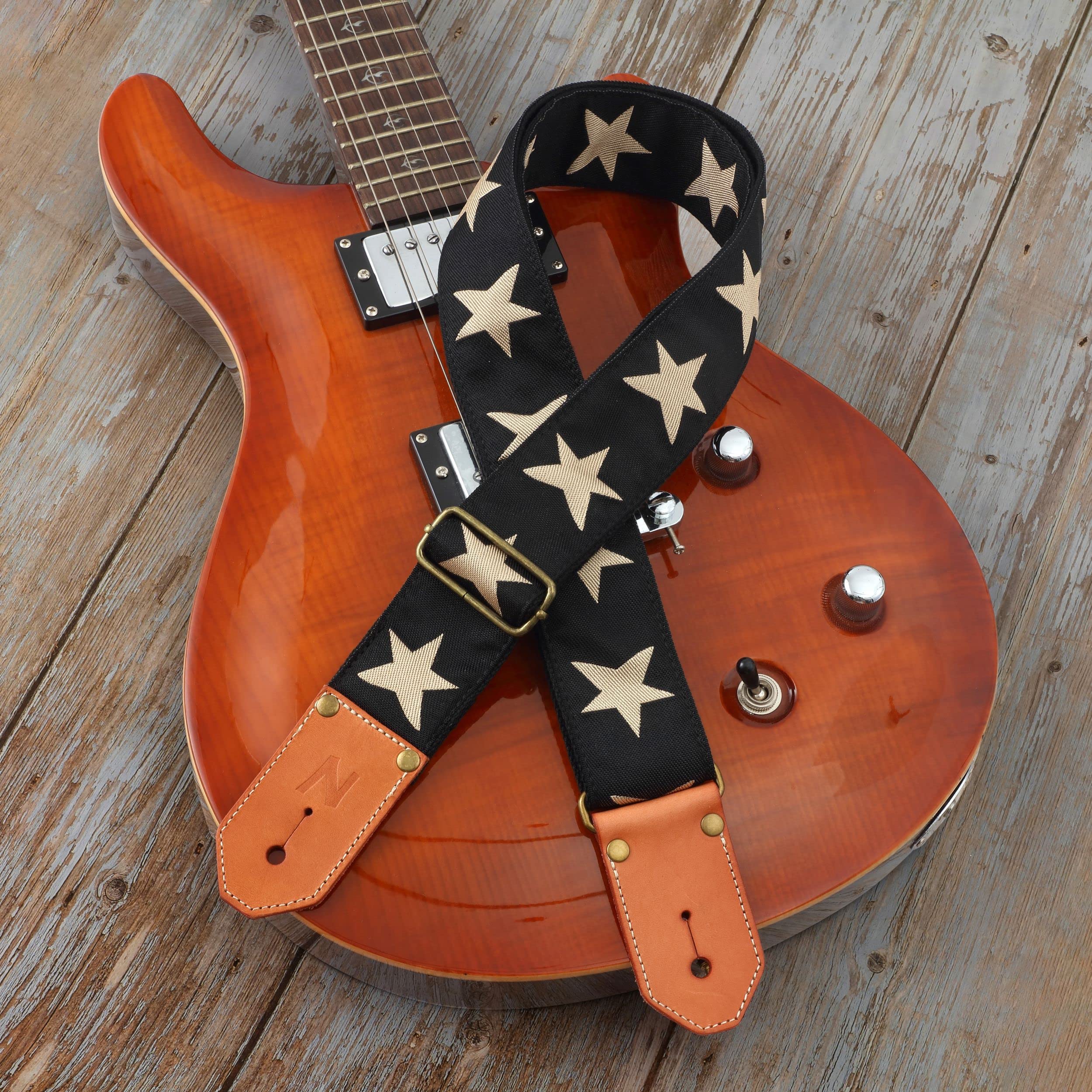 Nefelibata Cool Woven Guitar Strap -Cotton Guitar Straps with Thicked First Layer Vegetable Tanned Cowhide Leather Ends for Acoustic, Bass, Electric, Best Gift for Your Love Guitarists(Star) Star - Image 6