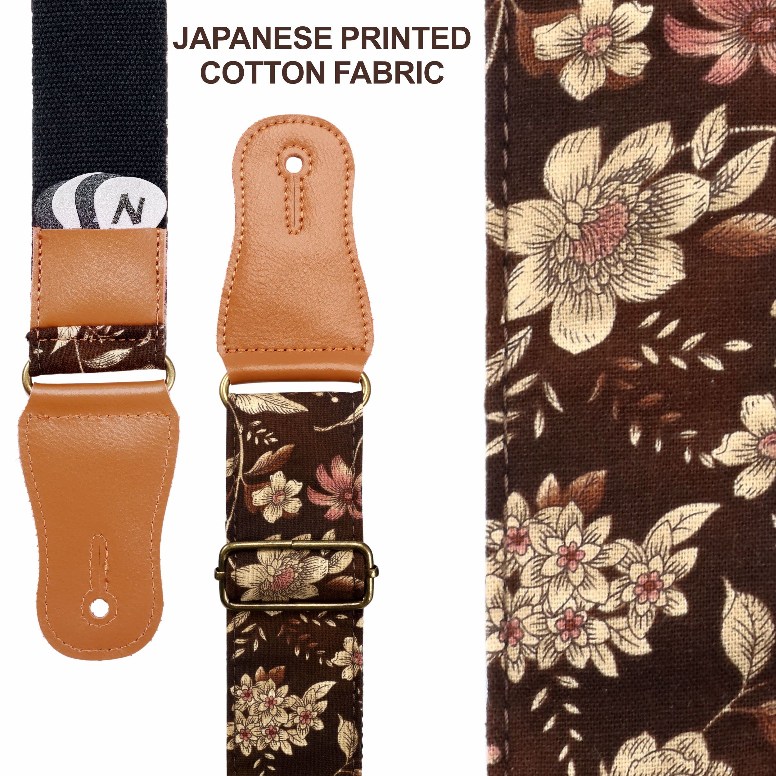 Nefelibata Cotton Guitar Strap for Acoustic Guitar, Ukulele, Headstock Strap Adapter, Guitar Picks and Strap Locks Adjustable from 38" to 64" E# - Pomegranate Flower - Image 3