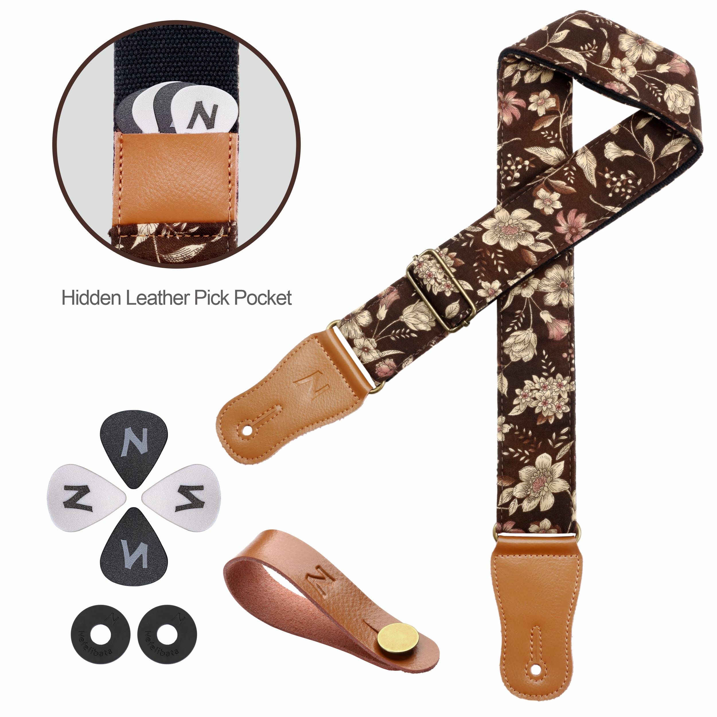 Nefelibata Cotton Guitar Strap for Acoustic Guitar, Ukulele, Headstock Strap Adapter, Guitar Picks and Strap Locks Adjustable from 38" to 64" E# - Pomegranate Flower - Image 6