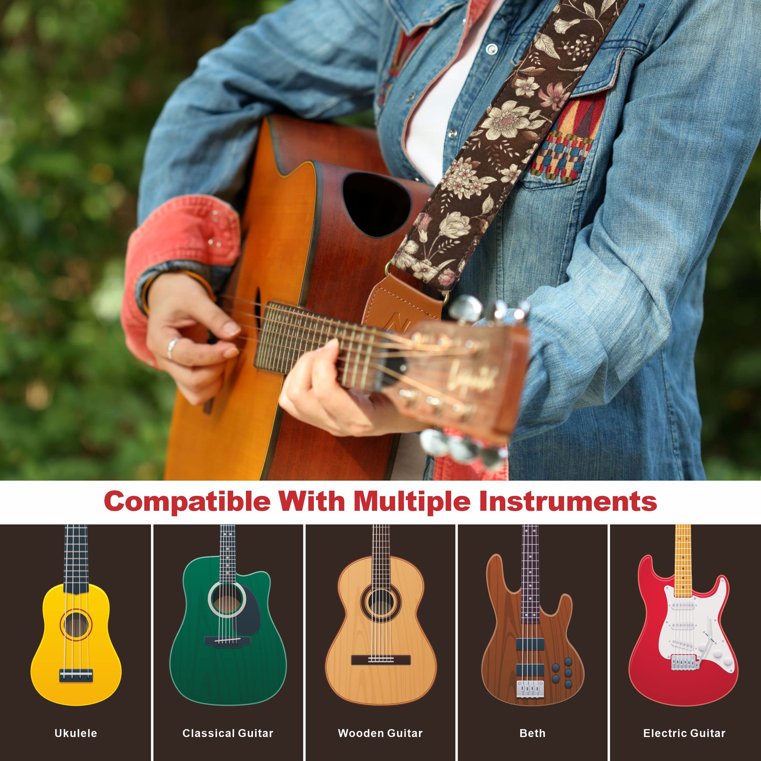 Nefelibata Cotton Guitar Strap for Acoustic Guitar, Ukulele, Headstock Strap Adapter, Guitar Picks and Strap Locks Adjustable from 38" to 64" E# - Pomegranate Flower - Image 7